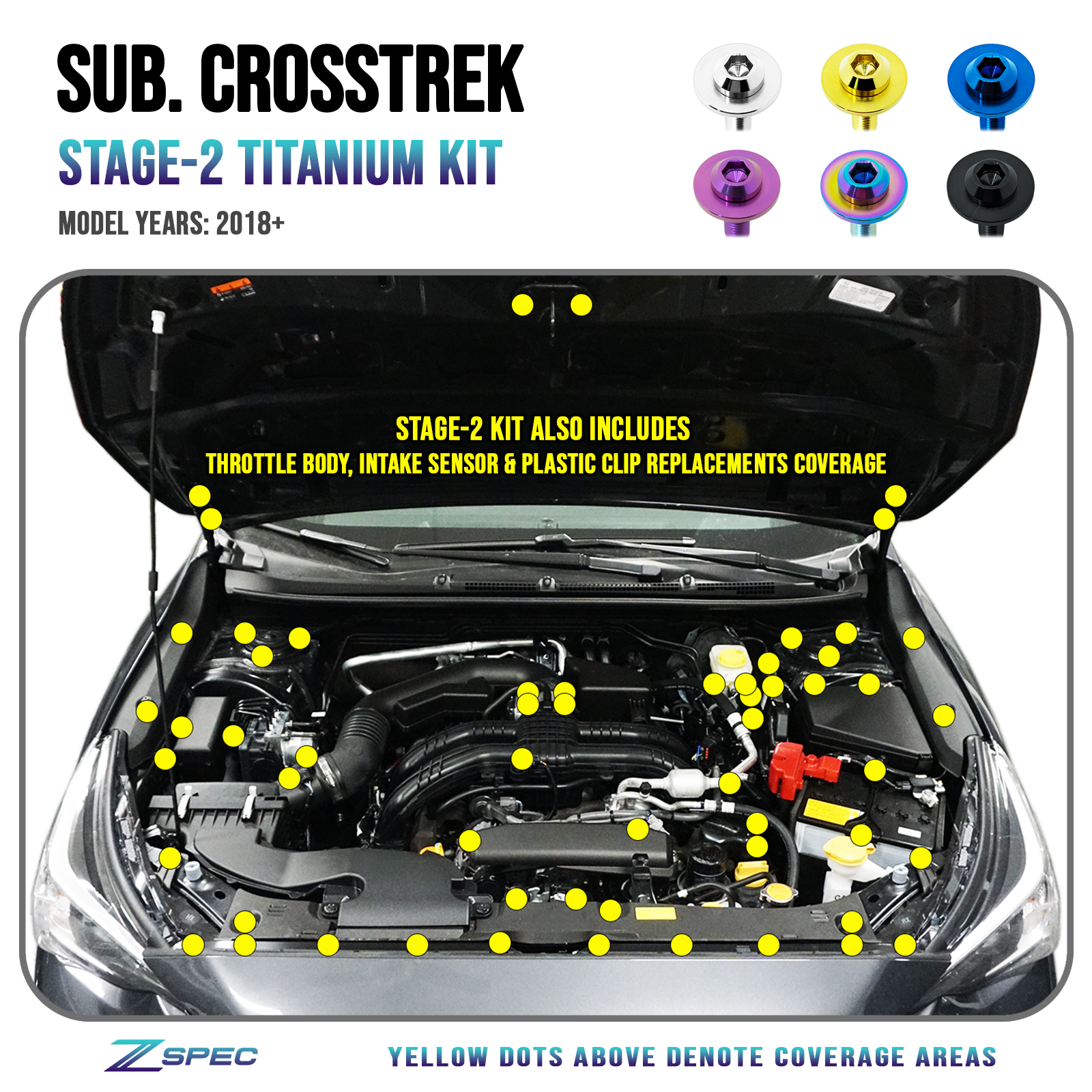 ZSPEC "Stage 2" Dress Up Bolts® Fastener Kit for '18-24 Subaru CrossTrek, Titanium - ZSPEC Design LLC - Hardware Fasteners - crosstrek, Fastener Kit, stage 2, subaru, Washer Color - zspecdesign.com