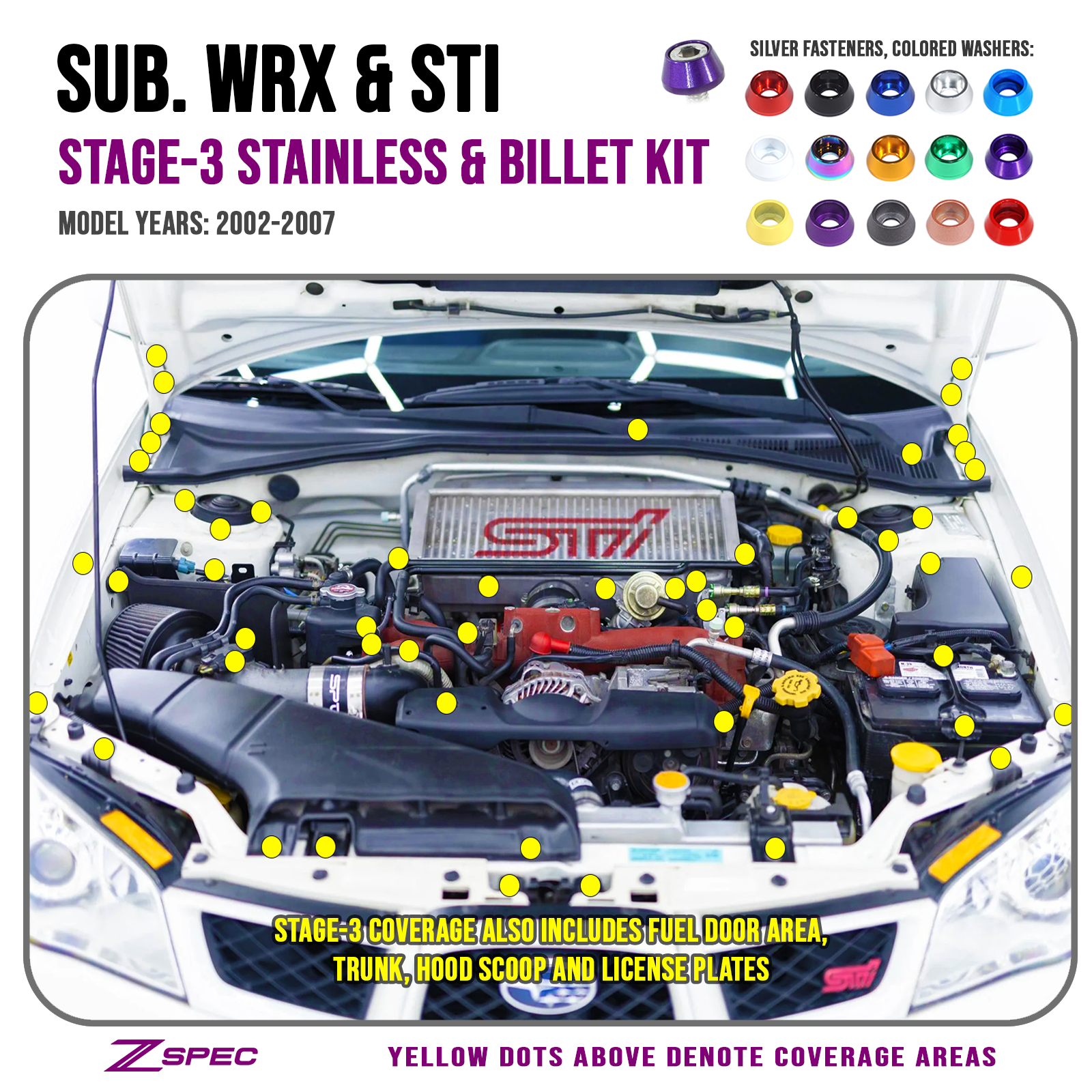 ZSPEC Stage-3 Dress Up Bolts® Fastener Kit for '02-07 Subaru WRX & STI, Stainless & Billet