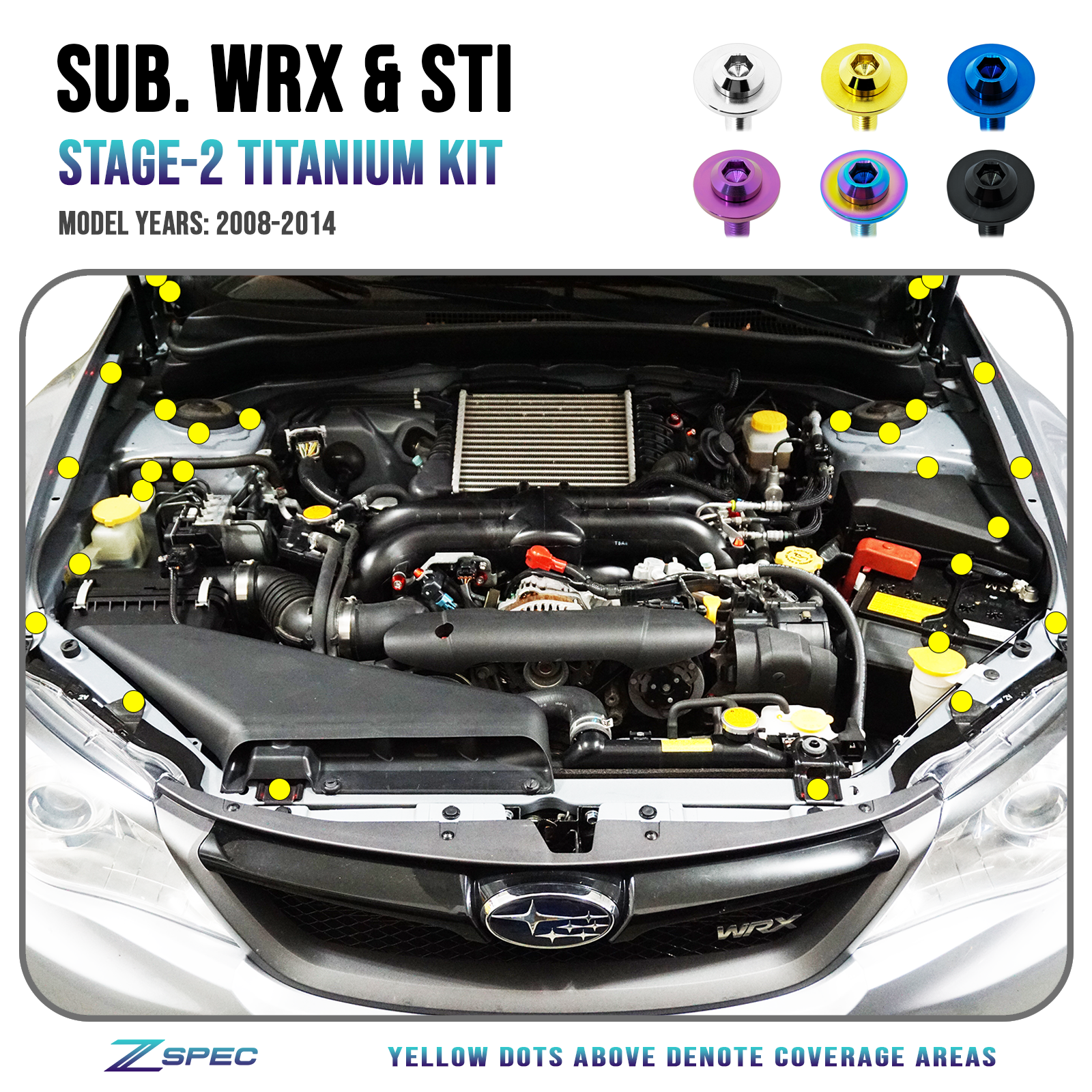 ZSPEC "Stage 2" Dress Up Bolts® Fastener Kit for '08-14 Subaru WRX & STi, Titanium - ZSPEC Design LLC - Hardware Fasteners - Fastener Kit, stage 2, sti, subaru, Washer Color, wrx - zspecdesign.com