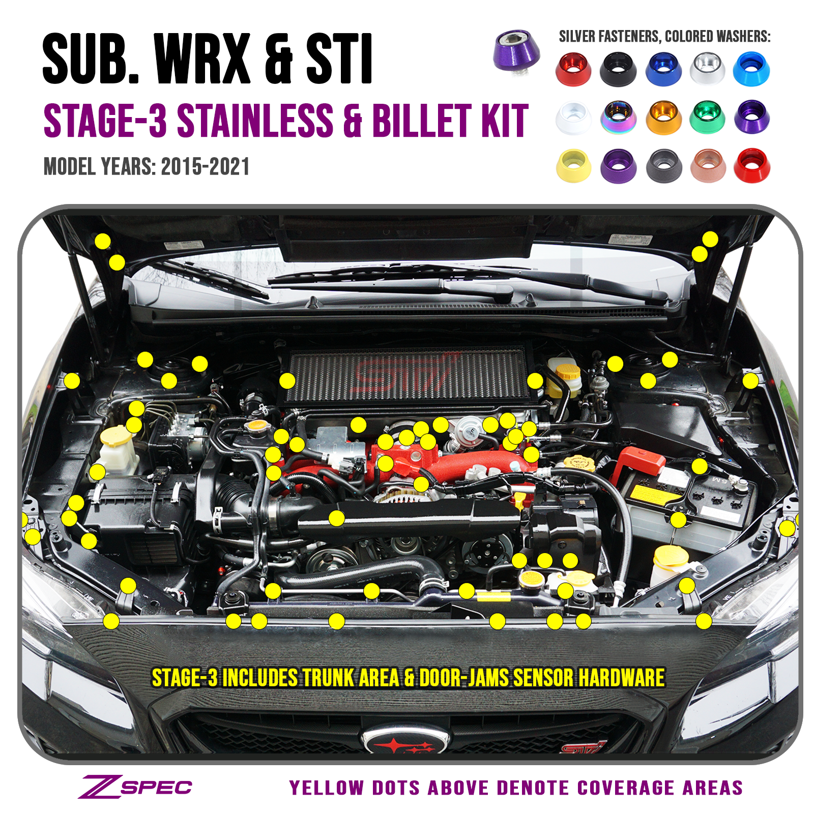 ZSPEC "Stage 3" Dress Up Bolts® Fastener Kit for '15-21 Subaru WRX & STI, Stainless & Billet - ZSPEC Design LLC - Hardware Fasteners - Fastener Kit, stage 3, sti, subaru wrx, Washer Color, wrx, wrx sti - zspecdesign.com