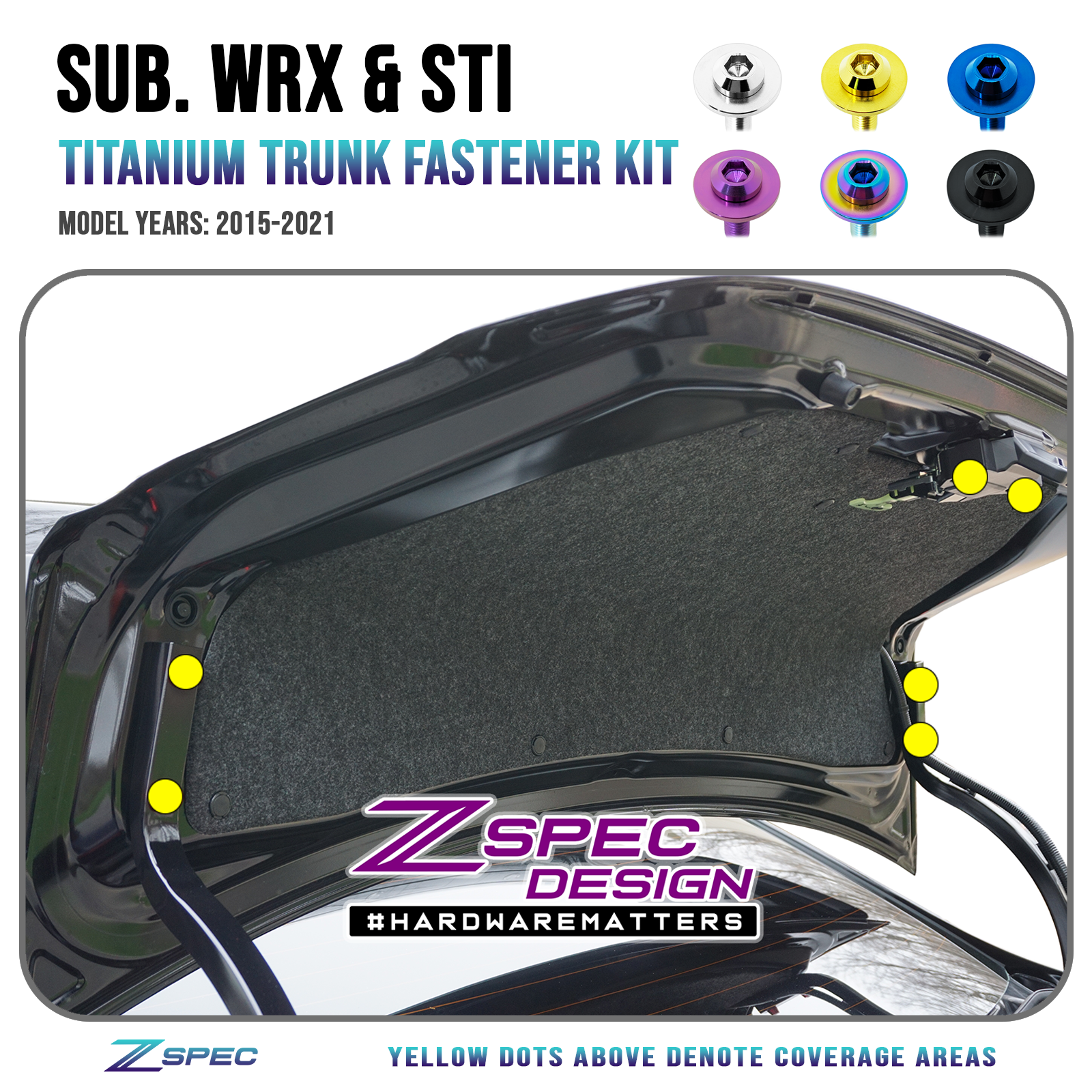 ZSPEC Trunk Dress Up Bolts® Fastener Kit for '15-21 Subaru WRX & STi, Titanium - ZSPEC Design LLC - Hardware Fasteners - 86, brz, Fastener Kit, gr86, subaru, toyota - zspecdesign.com