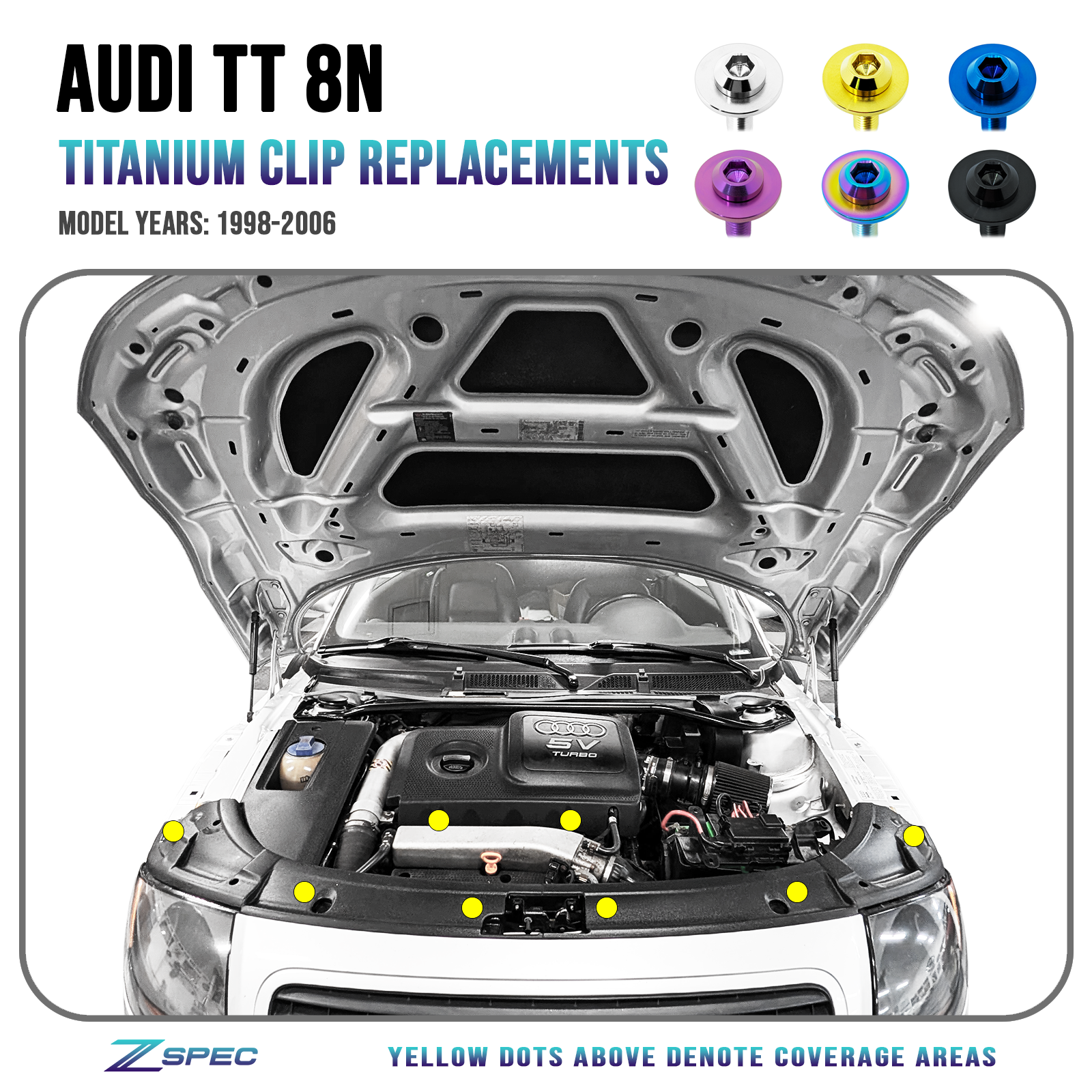 ZSPEC Titanium Clip Replacements Fastener Kit for Audi TT 1st-Gen 8N, Titanium