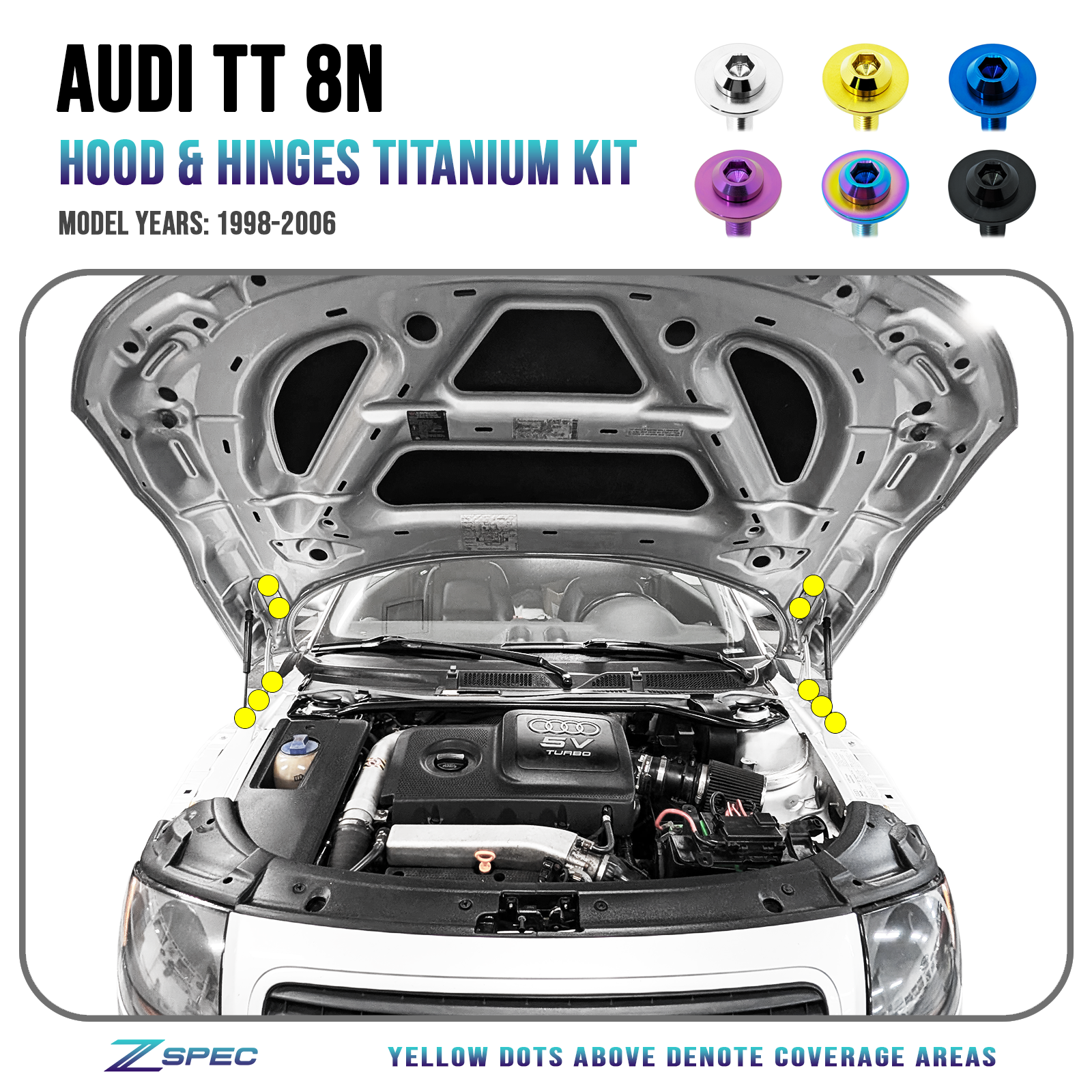 ZSPEC Hood & Hood-Hinges Hardware Kit for the Audi TT 1st-Gen 8N, Titanium