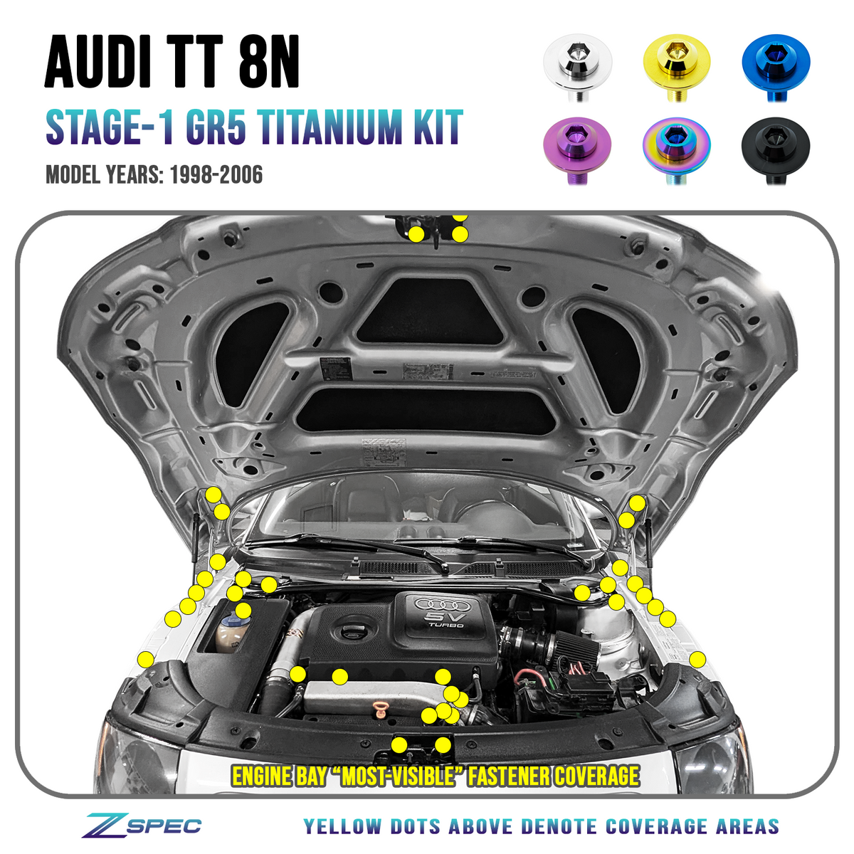 パーツ T.T ZSPEC Stage-1 Dress Up Bolts® Fastener Kit for Audi TT 1st-Gen 8N, Tit