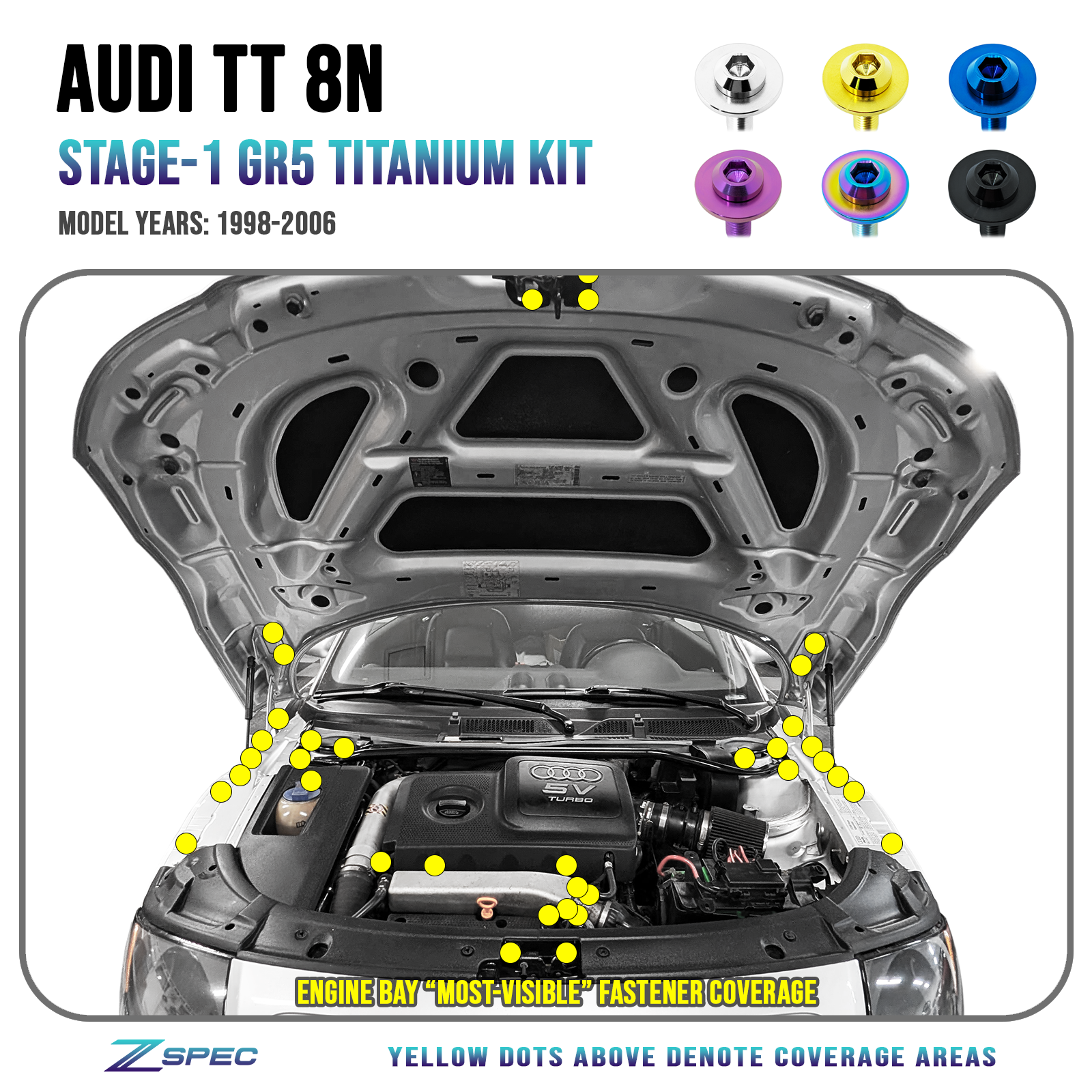 ZSPEC Stage-1 Dress Up Bolts® Fastener Kit for Audi TT 1st-Gen 8N, Titanium