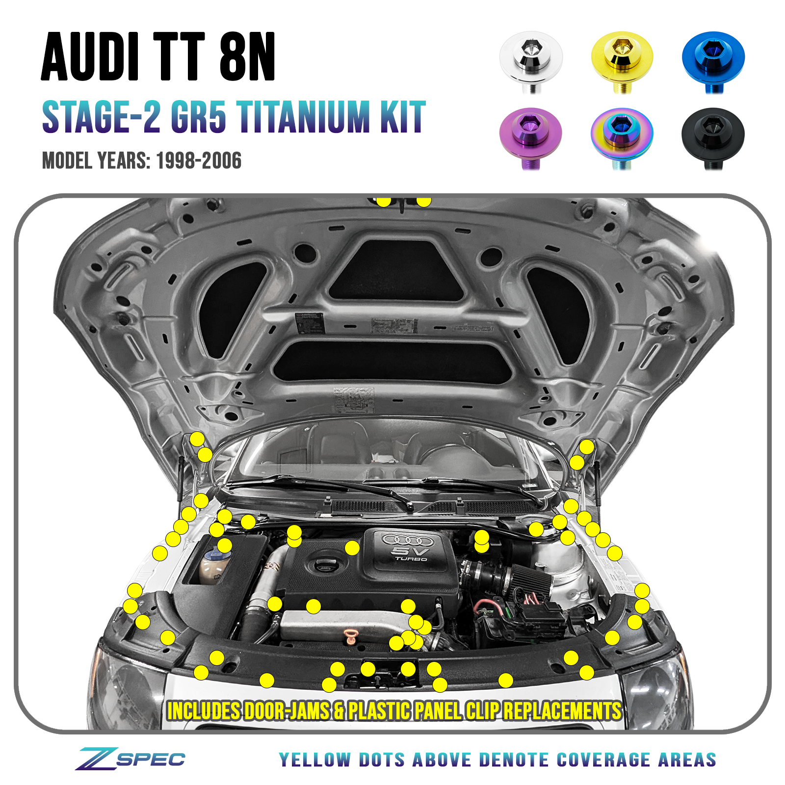 ZSPEC Stage-2 Dress Up Bolts® Fastener Kit for Audi TT 1st-Gen 8N, Titanium