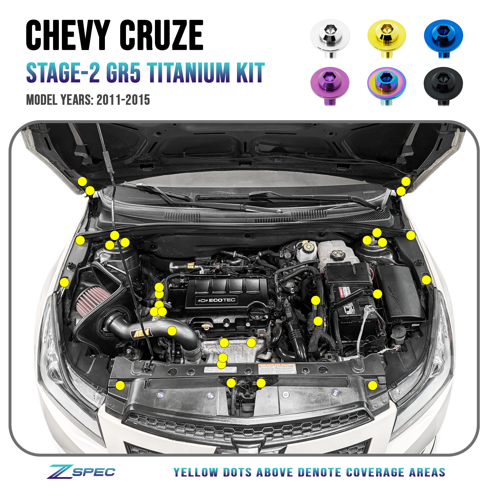 ZSPEC Stage-2 Dress Up Bolts® Fastener Kit for Chevy Cruze, Lightweight Grade-5 Titanium, Bagged & Labeled by Area by ZSPEC