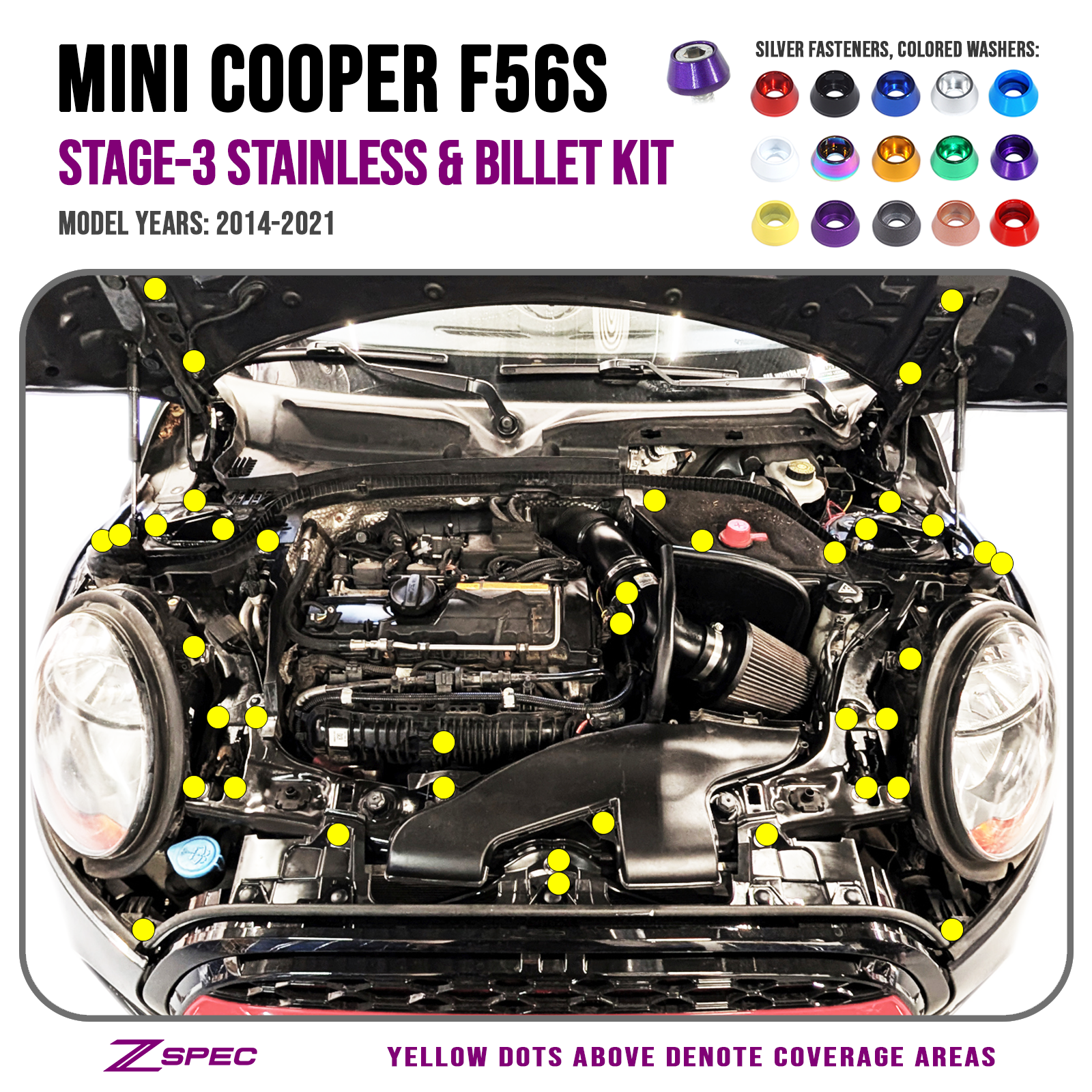 ZSPEC "Stage 3" Dress Up Bolts® Fastener Kit for Mini Cooper S F56S, Stainless & Billet - ZSPEC Design LLC - Hardware Fasteners - cooper, f56s, Fastener Kit, mini, stage 3 - zspecdesign.com