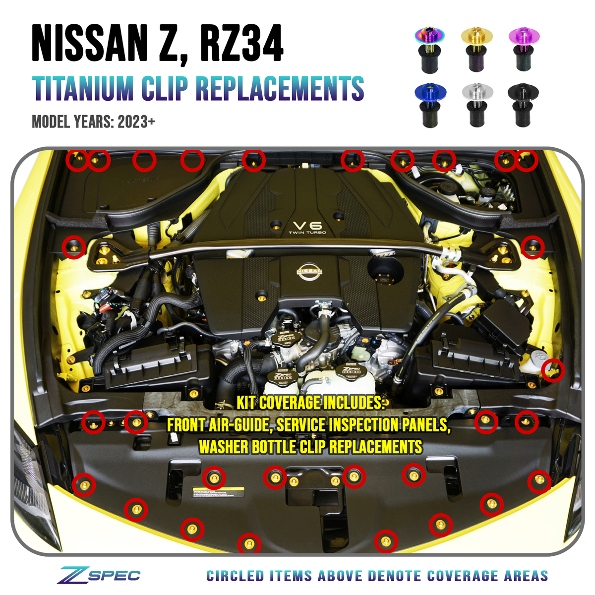 スタッドレス   
195/65R15 ZSPEC Stage 2 Dress Up Bolts® Hardware Kit, Nissan Z RZ34, Titanium