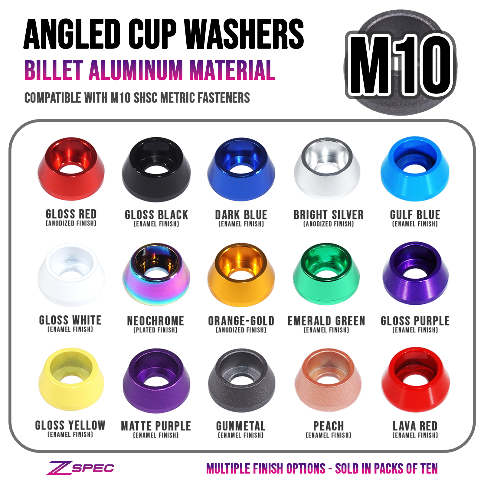 ZSPEC M10 Billet Angled Cup Finish Washers for SHSC Socket-Cap Fasteners, Billet, 10-Pack - ZSPEC Design LLC - Hardware Fasteners - 10-pack, billet hardware, Dress Up Washer, Fastener, finish washer, m10, shsc, straight - zspecdesign.com