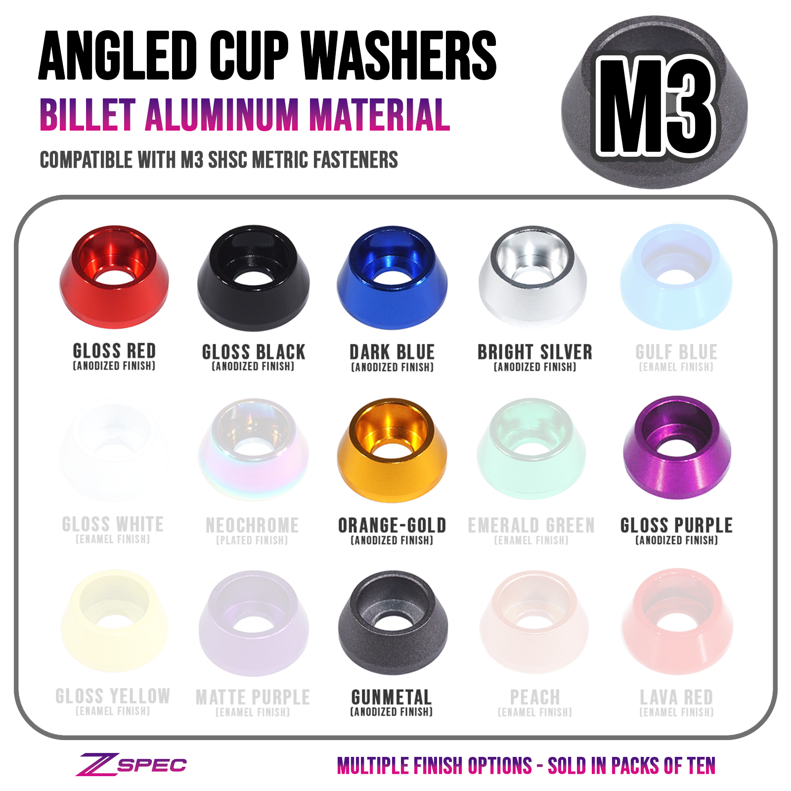 ZSPEC M3 Angled Cup Finish Washers for SHSC Socket-Cap Fasteners, 10-Pack - ZSPEC Design LLC - Hardware Fasteners - 10-pack, angled, billet hardware, Dress Up Washer, Fastener, m2, shsc - zspecdesign.com