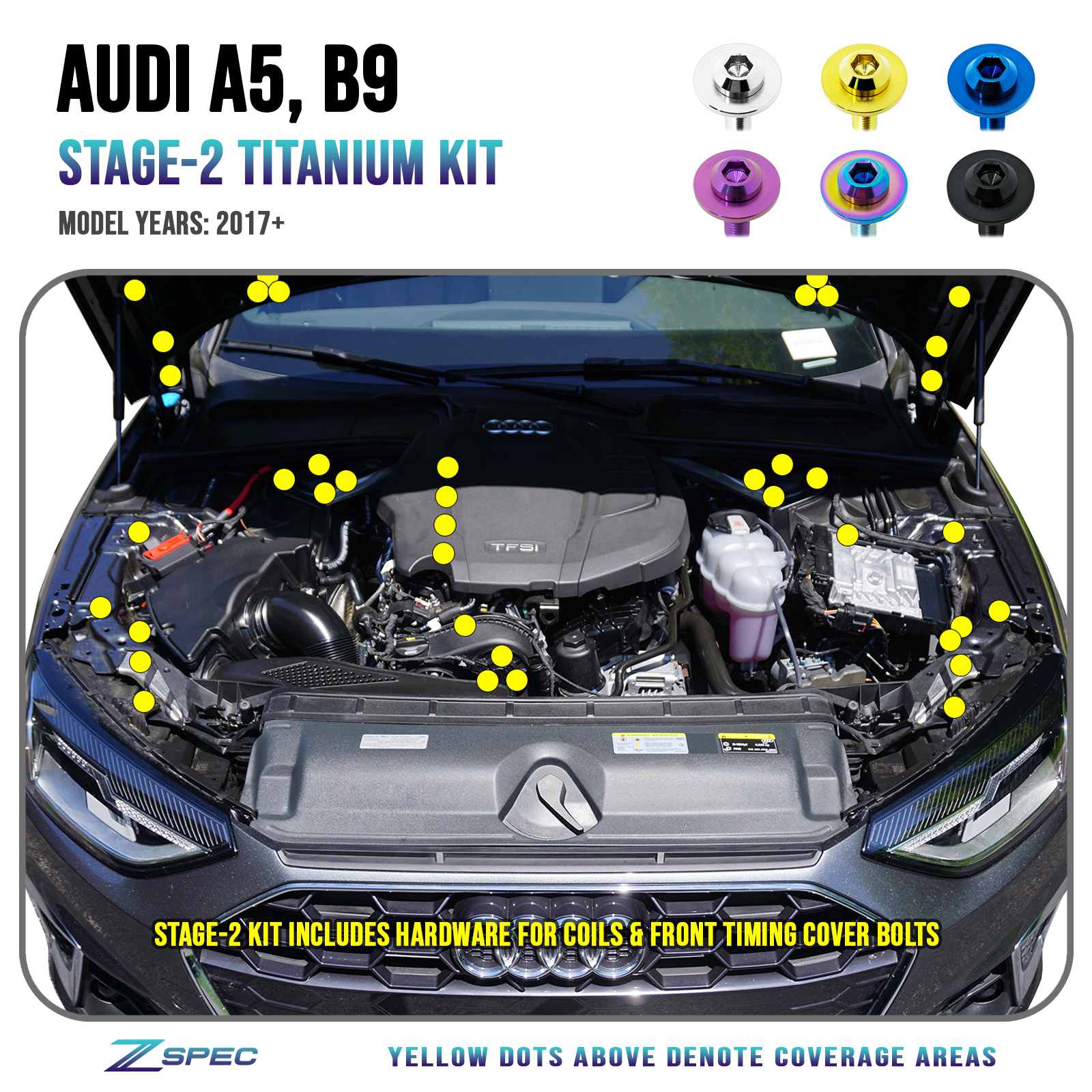 ZSPEC "Stage 2" Dress Up Bolts® Fastener Kit for Audi A5 B9, Titanium