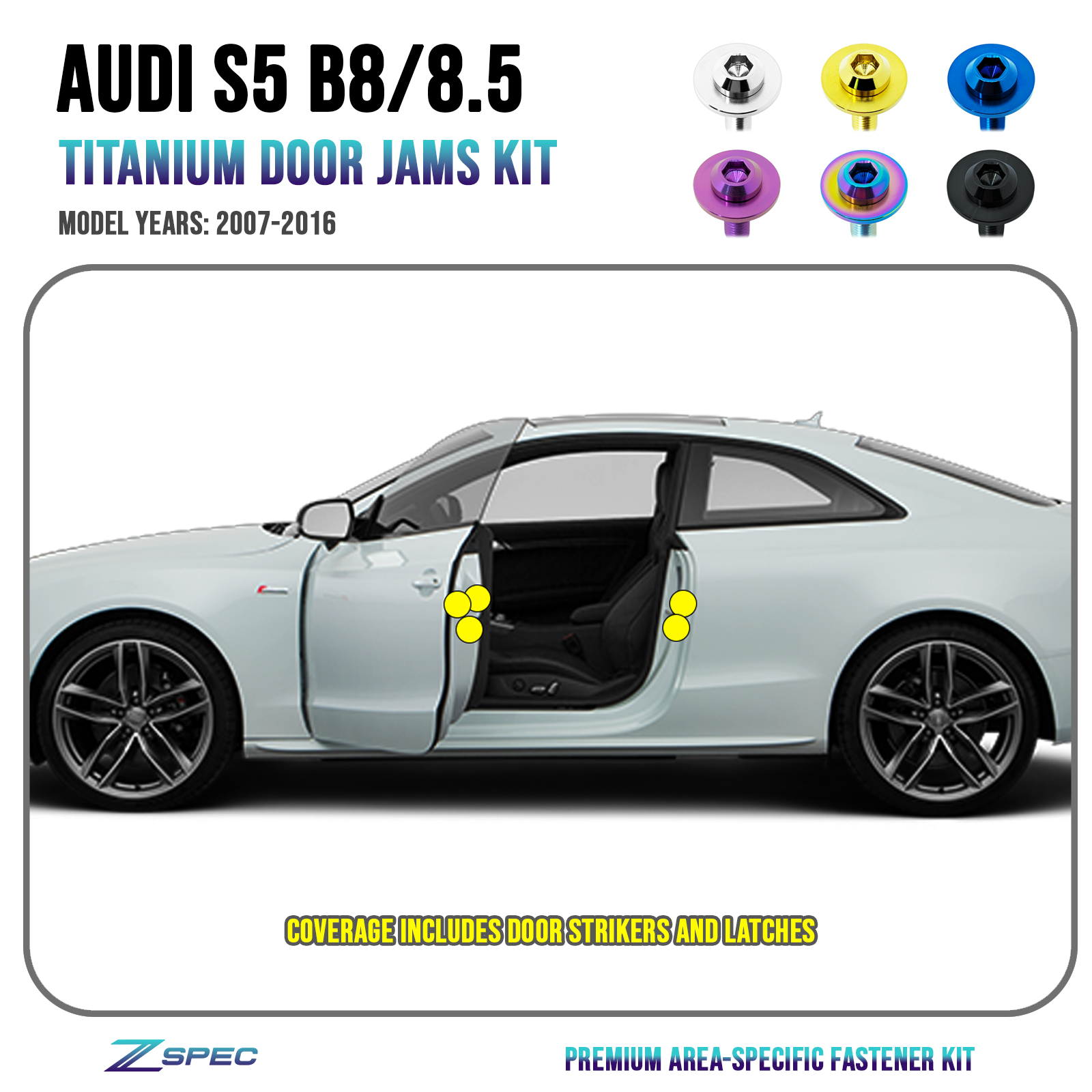 ZSPEC Dress Up Bolts® Door Strikers & Latches Fasteners for Audi S5 B8 EA837 3.0L, Titanium - ZSPEC Design LLC - Hardware Fasteners - a5, audi, b8, b8.5, ea837, Fastener Kit, s5 - zspecdesign.com