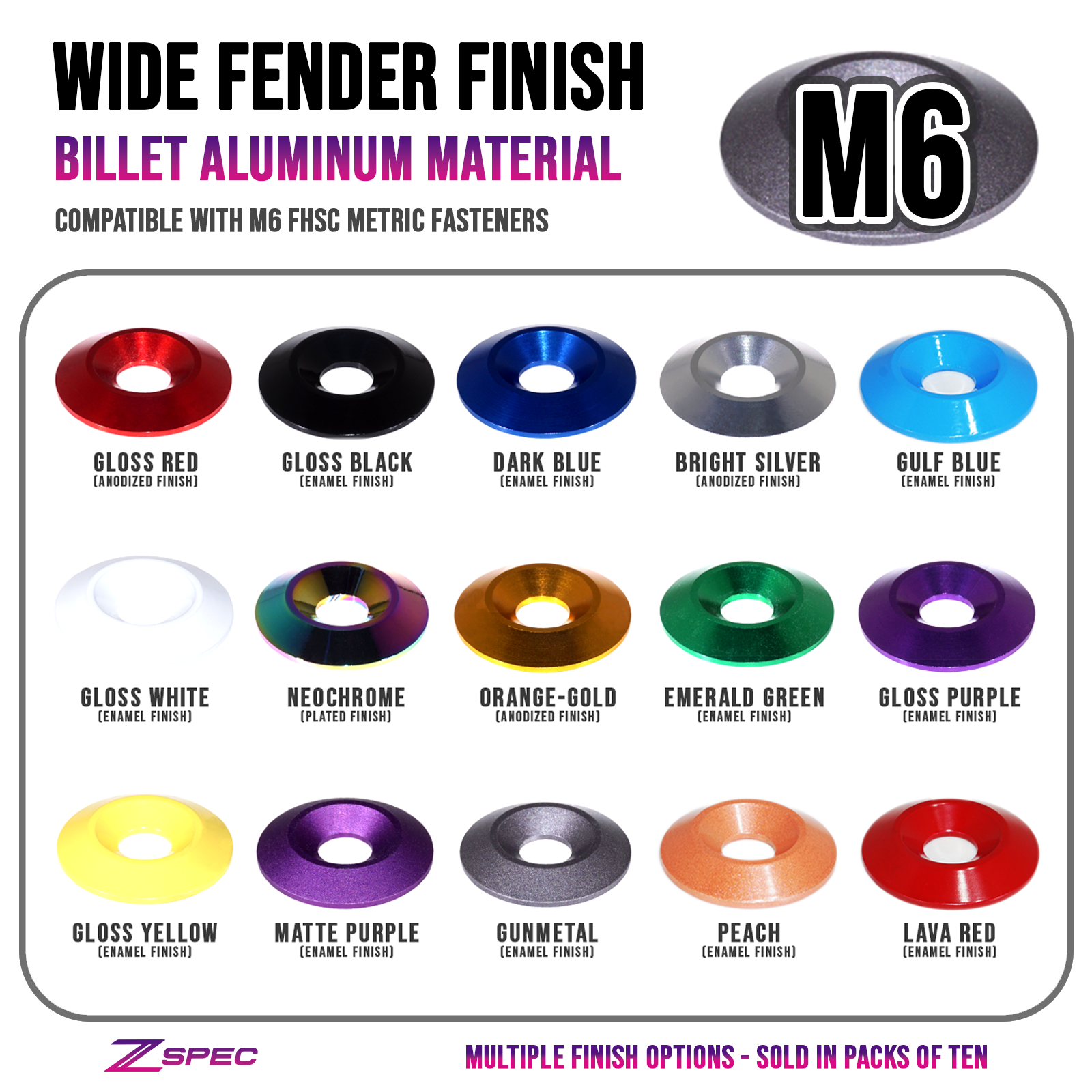 ZSPEC M6 Wide Fender-Finish Dress Up Washers, for M6 FHSC Fasteners, Billet, 10-Pack - ZSPEC Design LLC - Hardware Fasteners - 10-pack, billet hardware, Dress Up Washer, fhsc, m6 - zspecdesign.com