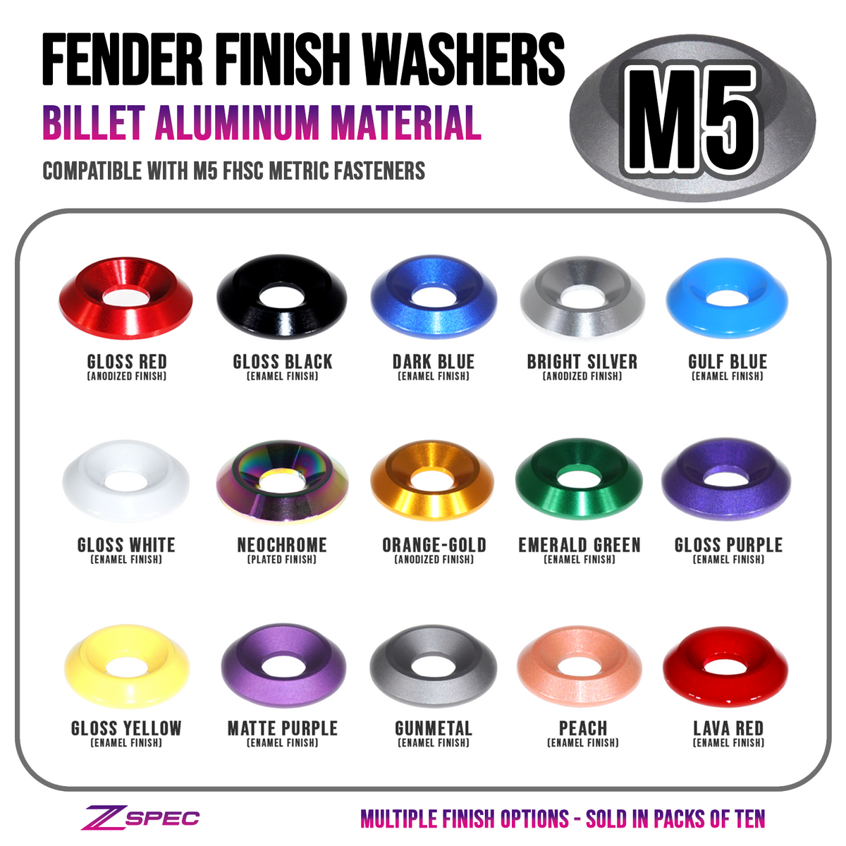 フ5 ワ5 ZSPEC M5 Billet Fender-Finish Dress Up Washers for FHSC Fasteners