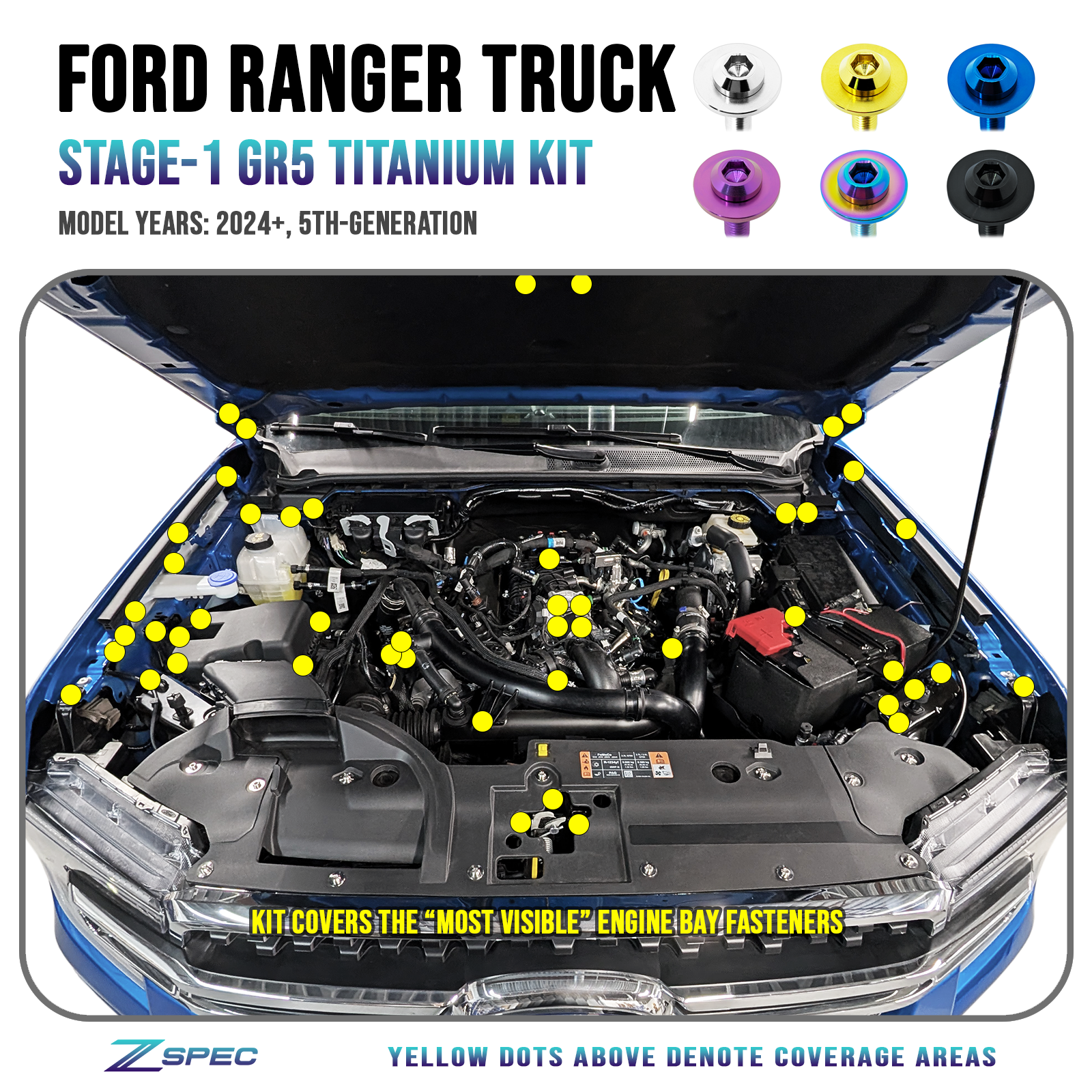 ZSPEC Stage-1 Dress Up Bolts® Fastener Kit for 2024+ Ford Ranger

Lightweight Grade-5 Titanium
Bagged & Labeled 

Keywords: Engine Washers Hardware Fasteners