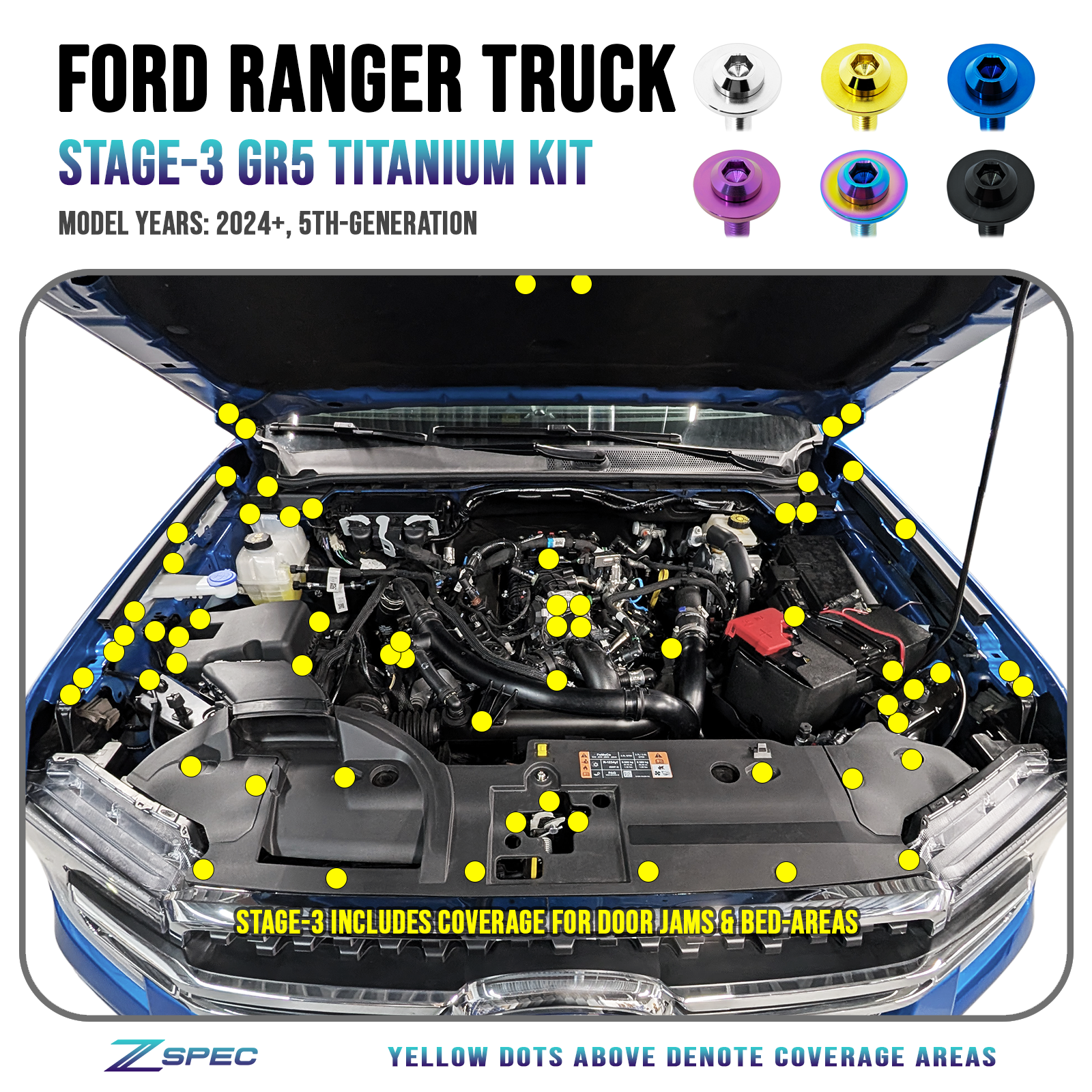 ZSPEC Stage-3 Dress Up Bolts® Fastener Kit, 24+ Ford Ranger, Titanium