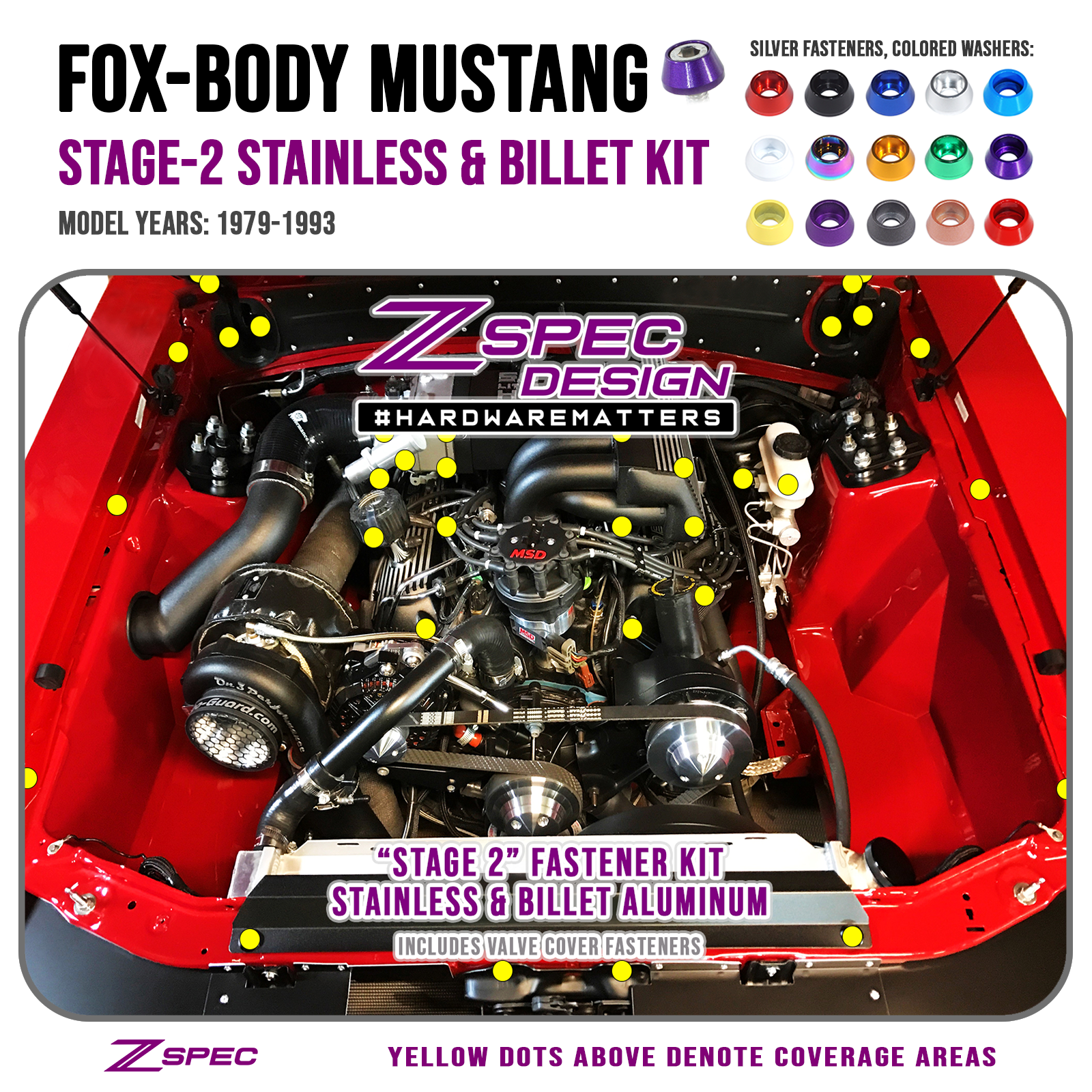 ZSPEC "Stage 2" Dress Up Bolts® Fastener Kit for '87-93 Ford Mustang V8 Fox-Body, Stainless & Billet - ZSPEC Design LLC - Hardware Fasteners - Fastener Kit, ford, fox, mustang, stage 2, v8 - zspecdesign.com