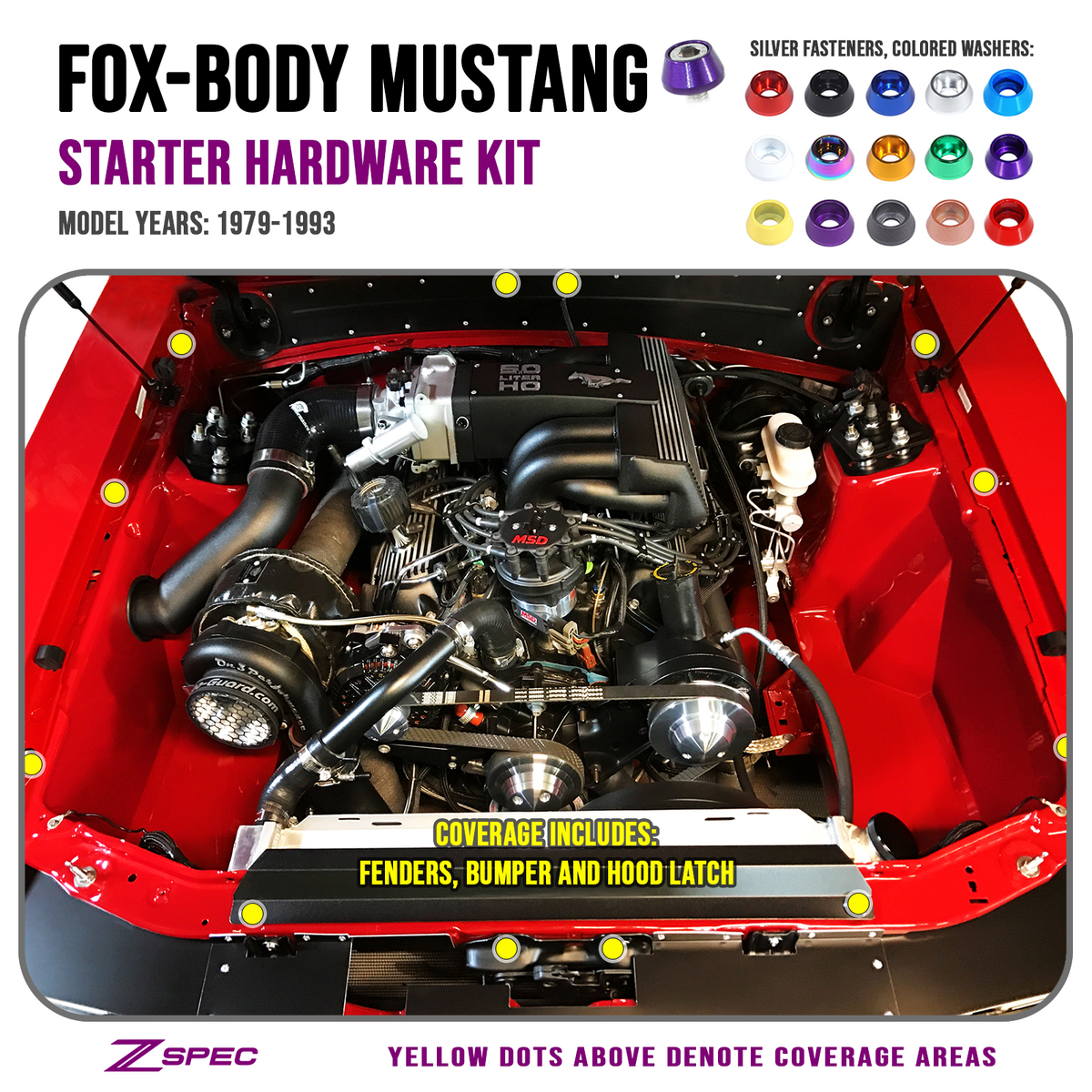 ZSPEC Fenders/Bumper/Hood Latch Bolt Kit,87-93 Mustang Fox-Body