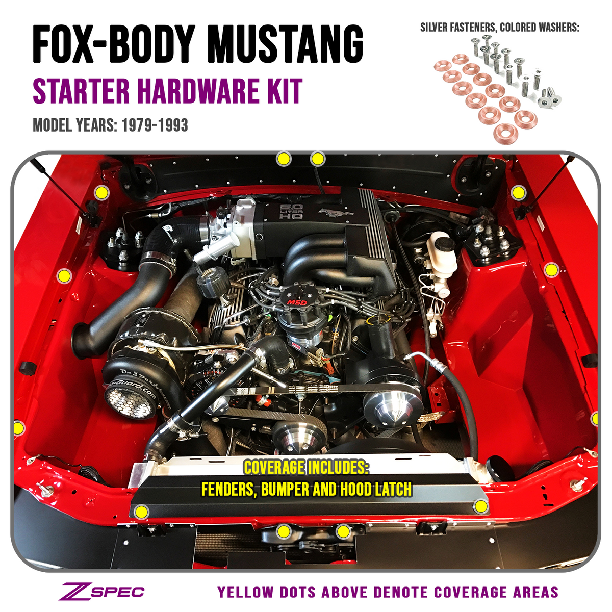 ZSPEC Fenders/Bumper/Hood Latch Kit, Mustang Fox-Body, Stainless & Billet - ZSPEC Design LLC - Hardware Fasteners - Fastener Kit, ford, fox, mustang - zspecdesign.com