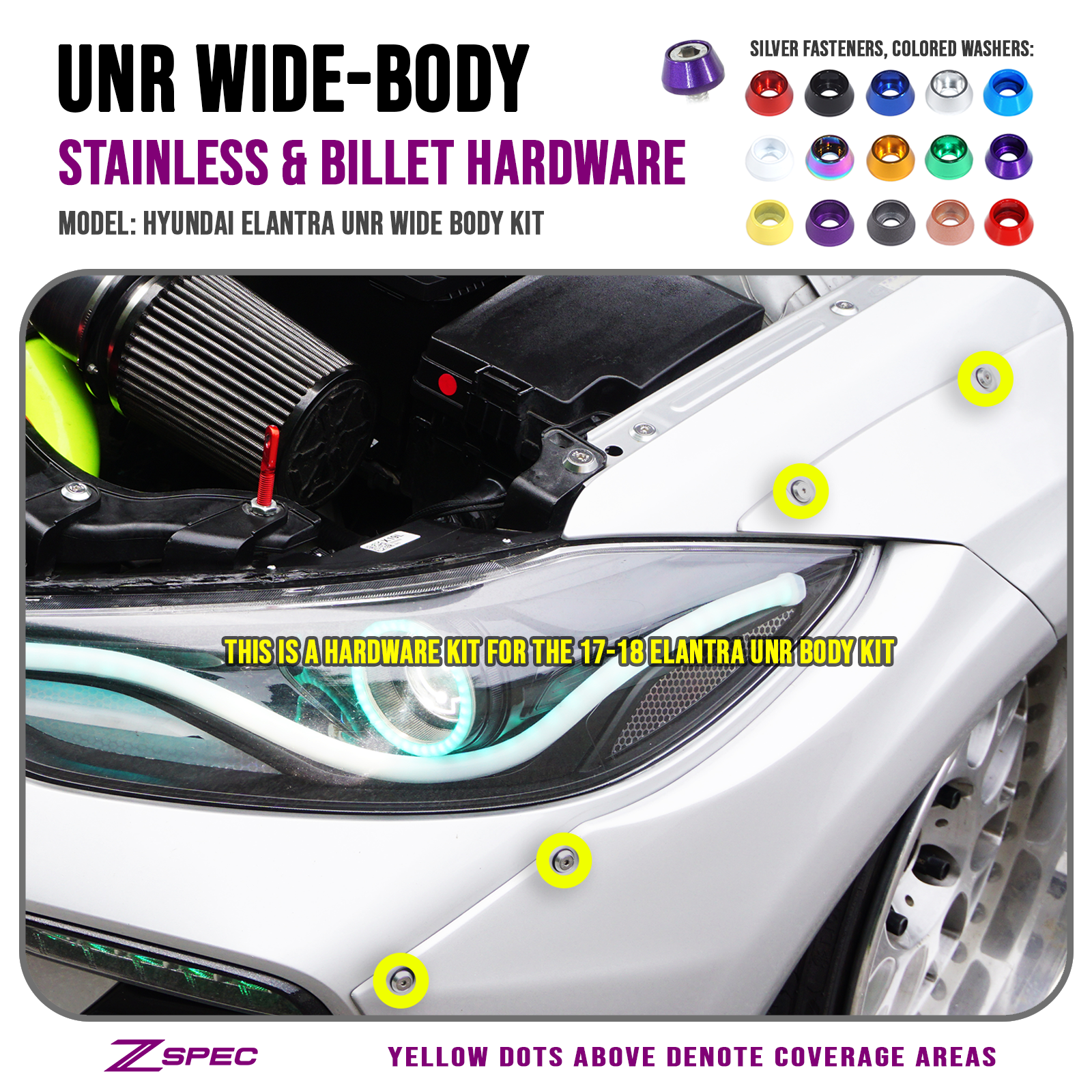 ZSPEC Body Kit Fastener Kit for the Hyundai Elantra UNR "Bolt-On" Body Kit, Stainless & Billet - ZSPEC Design LLC - Hardware Fasteners - body, body hardware, elantra, hyundai, m5, Stainless - zspecdesign.com