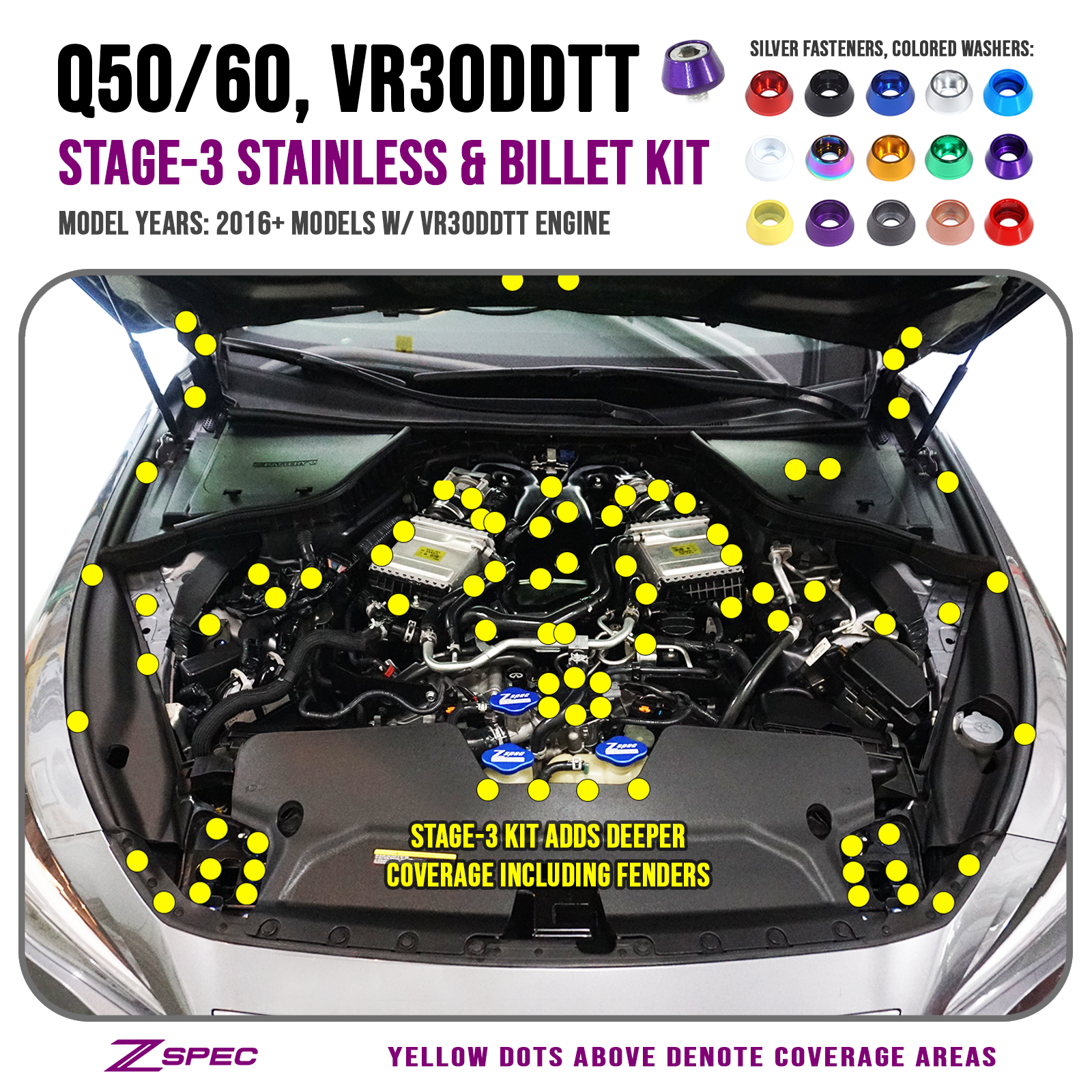 ZSPEC "Stage 3" Dress Up Bolts® Fastener Kit for Infiniti Q50/Q60 w/VR30DDTT, Stainless & Billet - ZSPEC Design LLC - Hardware Fasteners - Fastener Kit, infiniti, q50, q60, stage 3, stainless - zspecdesign.com