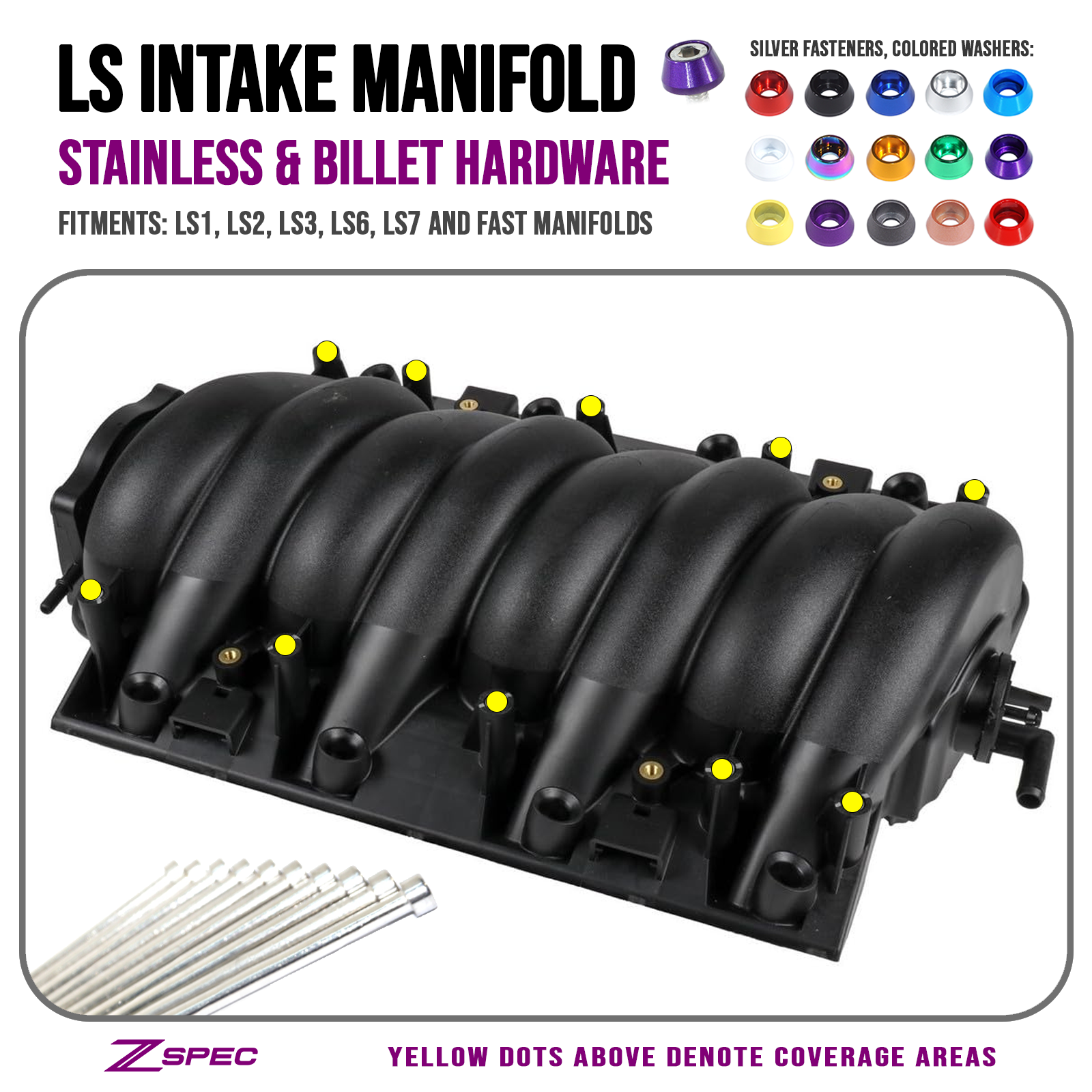 ZSPEC Intake Manifold Fastener Kit for LS1 LSX LS2 LS3 LS6 GM, Stainless & Billet - ZSPEC Design LLC - Hardware Fasteners - camaro, corvette, Fastener Kit, GM, Intake, LS1, LS2, LS3, LS6, LSX, Stainless - zspecdesign.com