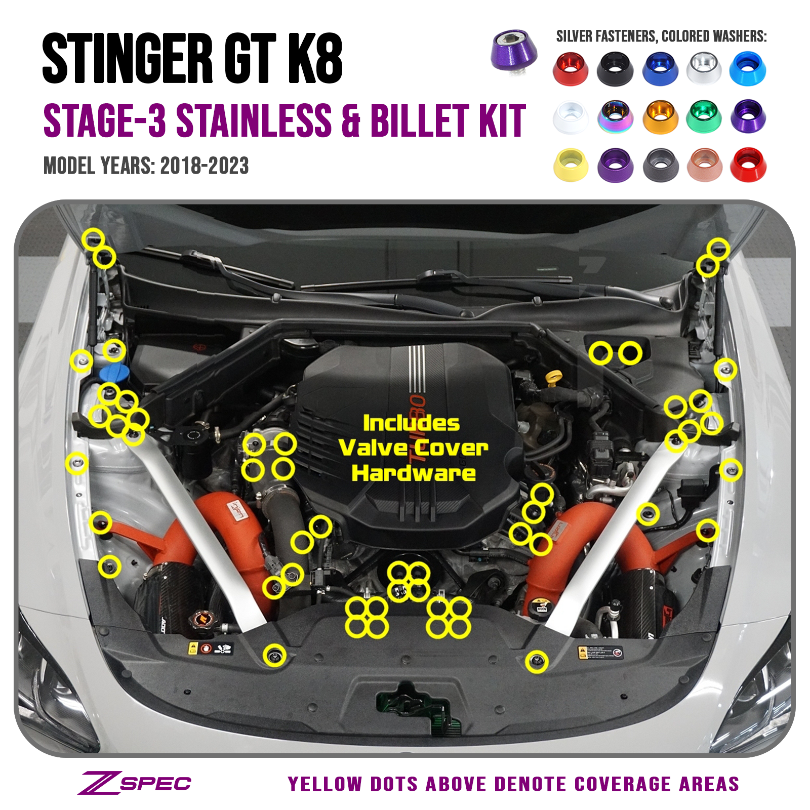 ZSPEC Stage 3 Dress Up Bolts™ Fastener Kit for '18+ Kia Stinger GT K8 ZSPEC Stage 3 Dress Up Bolts™ Fastener Kit for '18+ Kia Stinger GT K8