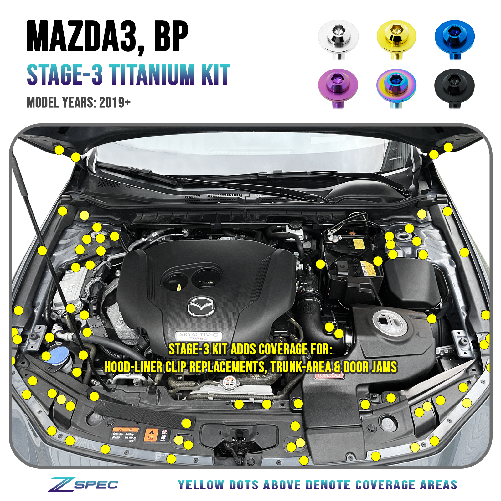 ZSPEC "Stage 3" Dress Up Bolts® Fastener Kit for the '19+ Mazda3 BD Platform

Specifications:
Grade-5 Titanium, Organized by Area
Lightweight, Visual Upgrade