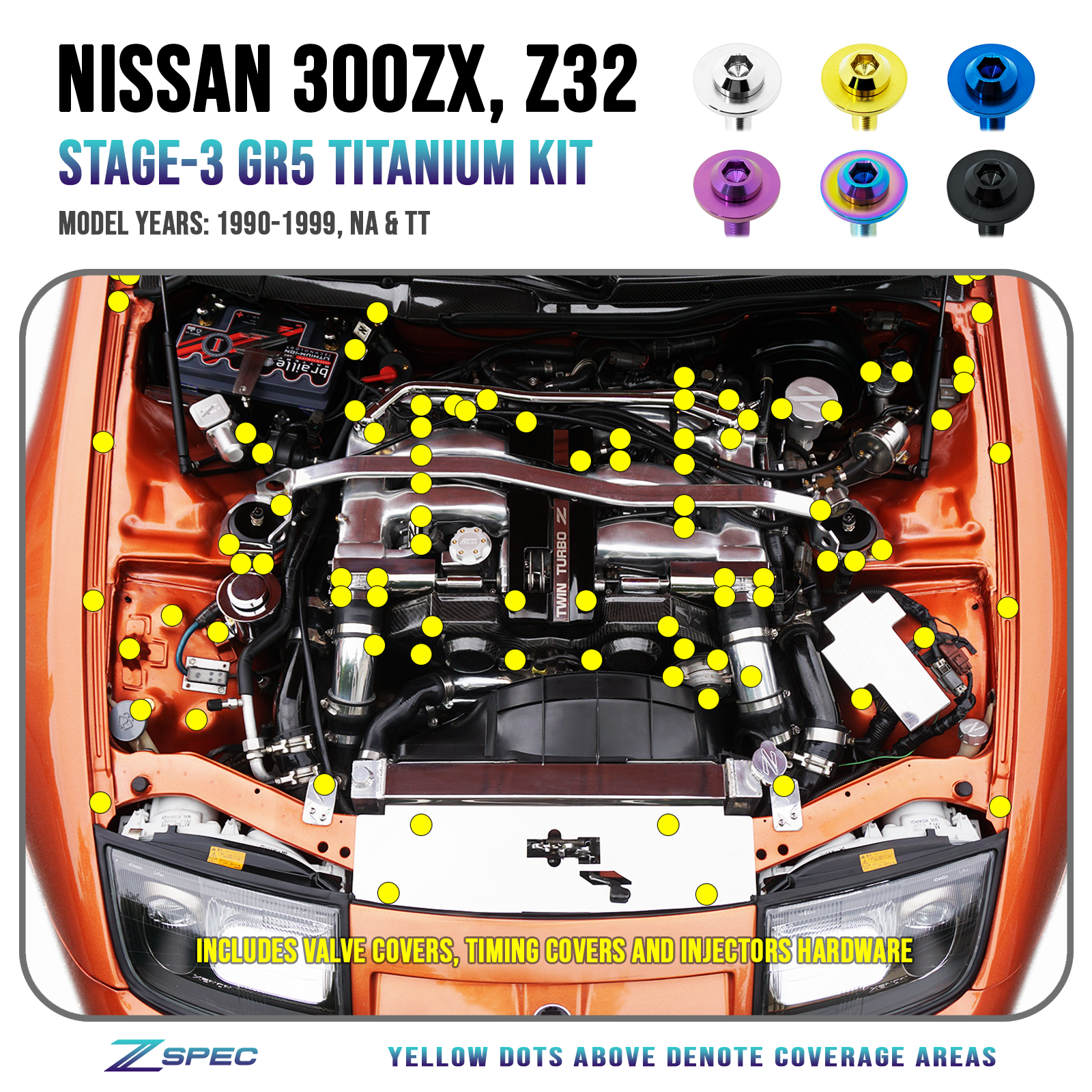 ZSPEC "Stage 3" Dress Up Bolts® Hardware Kit for Nissan 300zx Z32, Titanium - ZSPEC Design LLC - Hardware Fasteners - 300zx, Fastener Kit, nissan, stage 3, titanium, z32 - zspecdesign.com