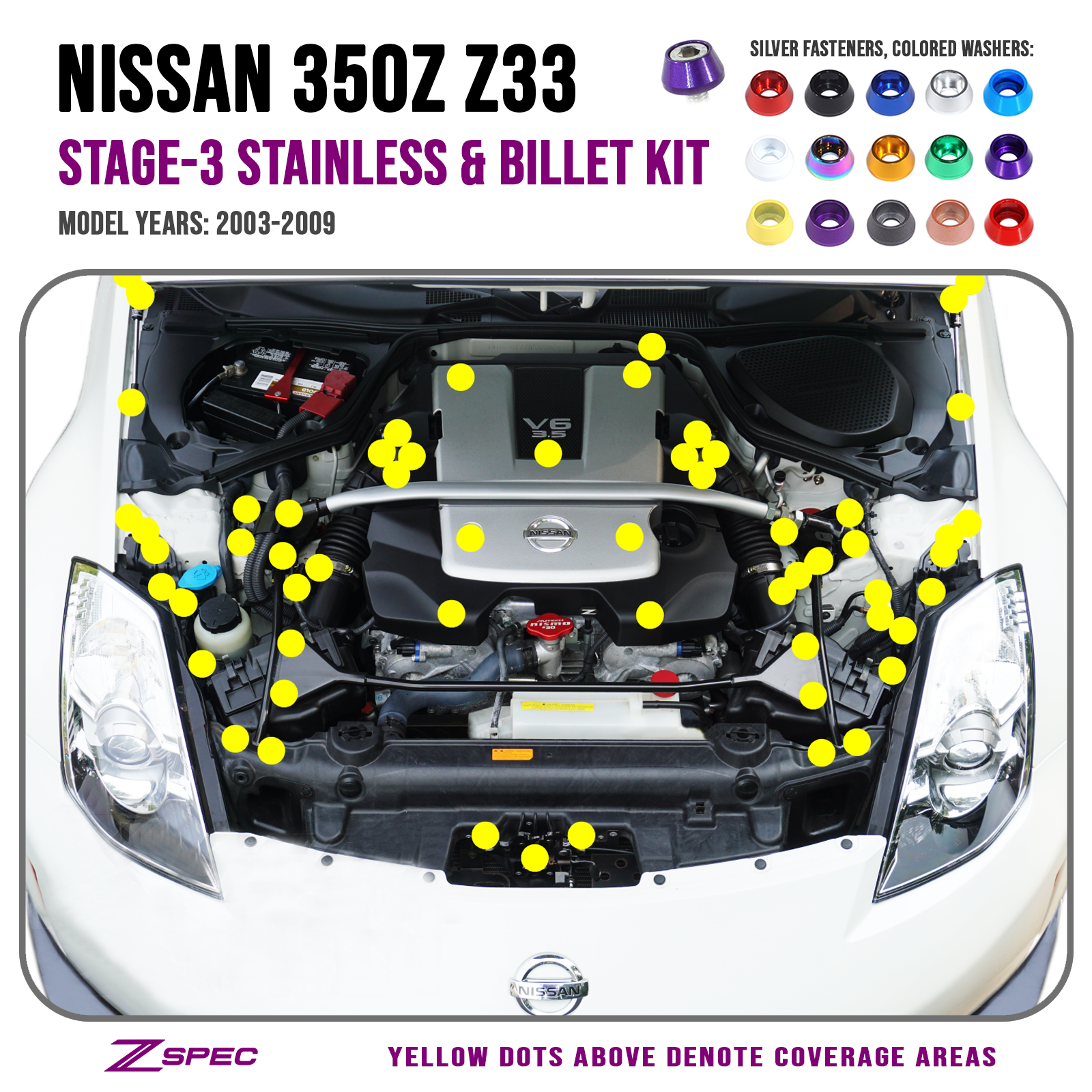 ZSPEC "Stage 3" Dress Up Bolts® Fastener Kit for Nissan 350z DE/HR +10mm Longer Plenum Bolts, Stainless & Billet - ZSPEC Design LLC - Hardware Fasteners - 350z, DE & HR, Fastener Kit, nissan, stage 3, z33 - zspecdesign.com