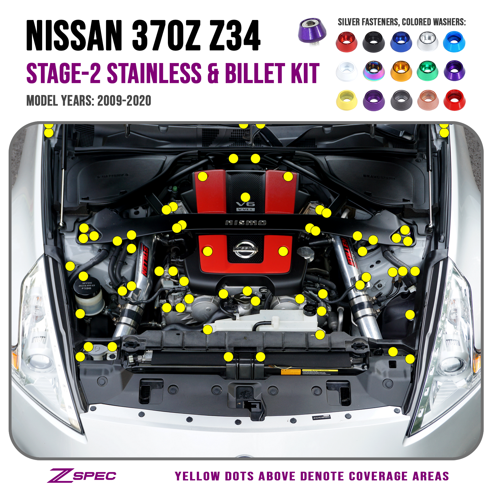 Nissan 370Z Z34 engine bay with stage-2 stainless & billet kit installation guide, showing coverage areas with yellow dots.