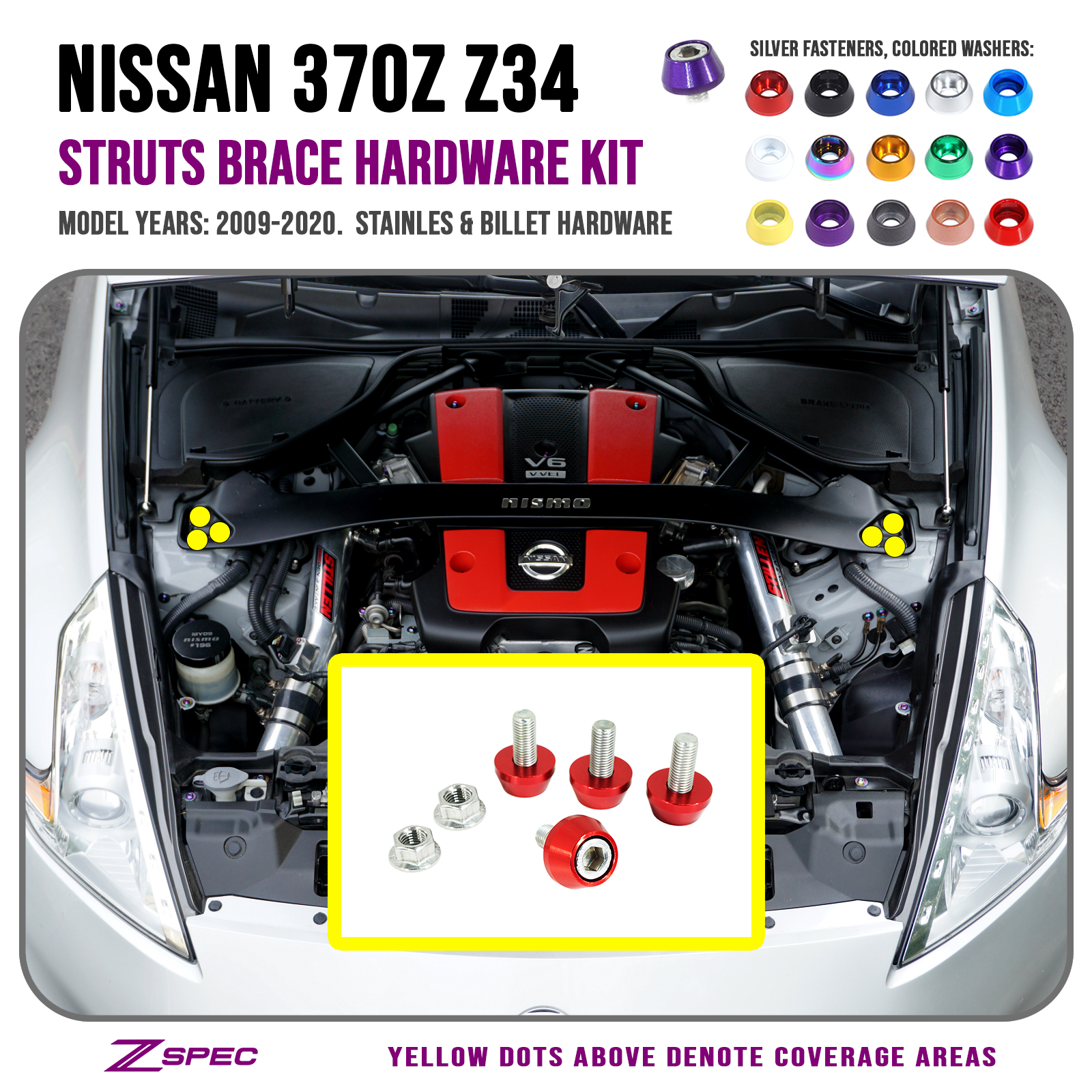 ZSPEC Strut Brace Fastener Kit for Nissan 370z, Stainless & Billet Hardware - ZSPEC Design LLC - Hardware Fasteners - 370z, Fastener Kit, nissan, stainless, strut brace - zspecdesign.com