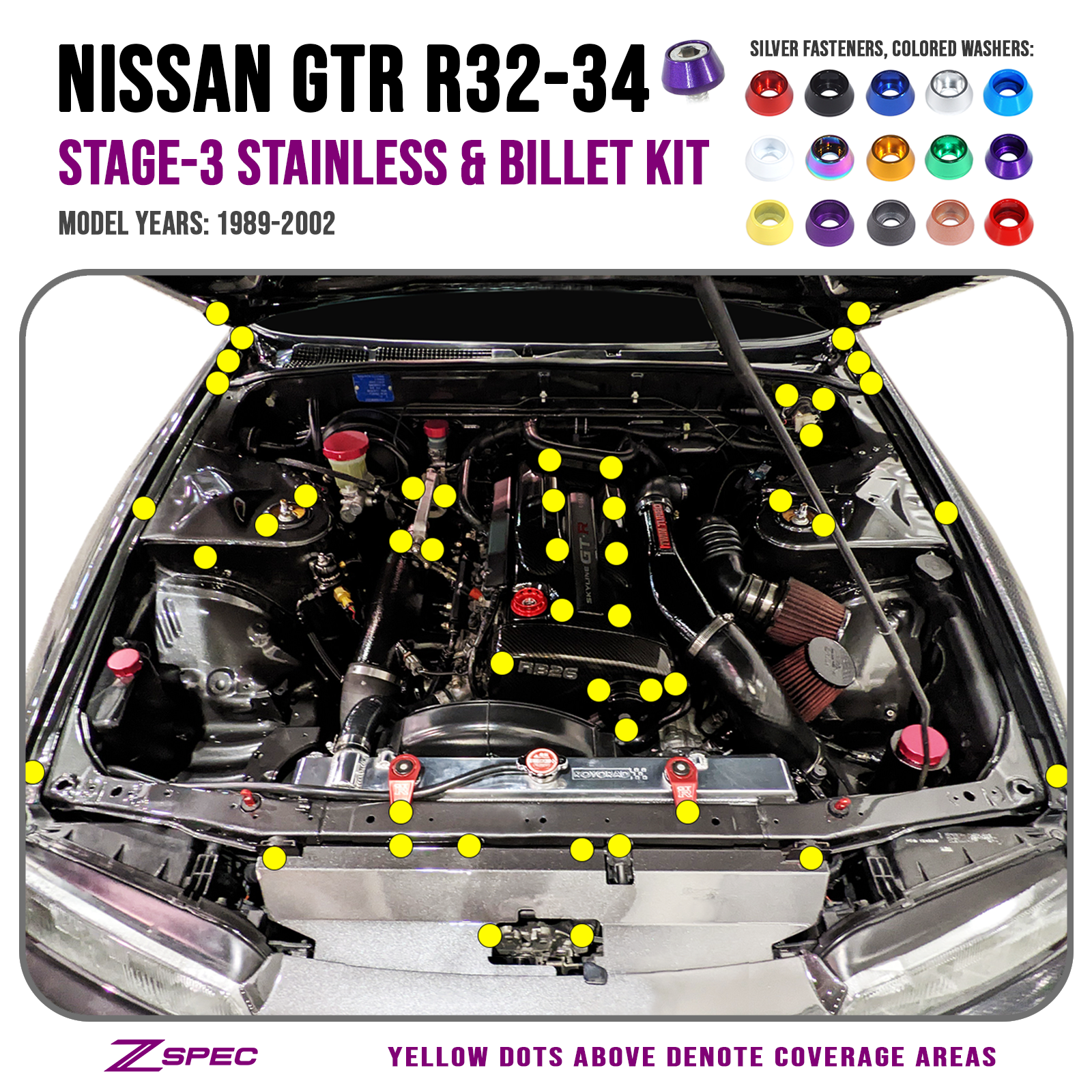 ZSPEC "Stage 3" Dress Up Bolts® Kit for Nissan Skyline GT-R/GTR R32/R33/R34, Stainless & Billet - ZSPEC Design LLC - Hardware Fasteners - Fastener Kit, gt-r, gtr, nissan, r32, r33, r34, skyline, stage 3 - zspecdesign.com