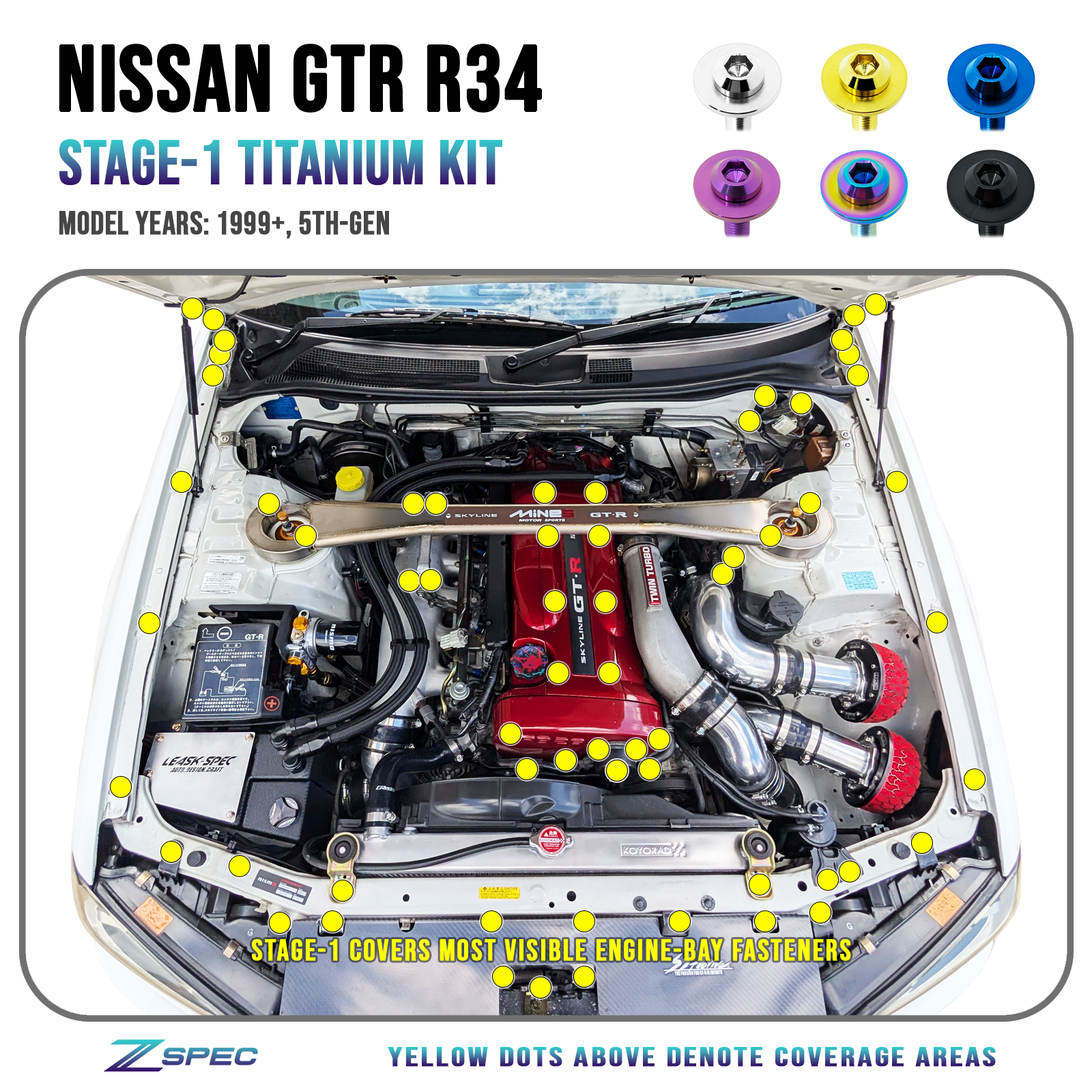 ZSPEC Titanium Hardware Kit for the Nissan Skyline GTR R34 Dress Up Bolts Fasteners Washers Fittings NISMO