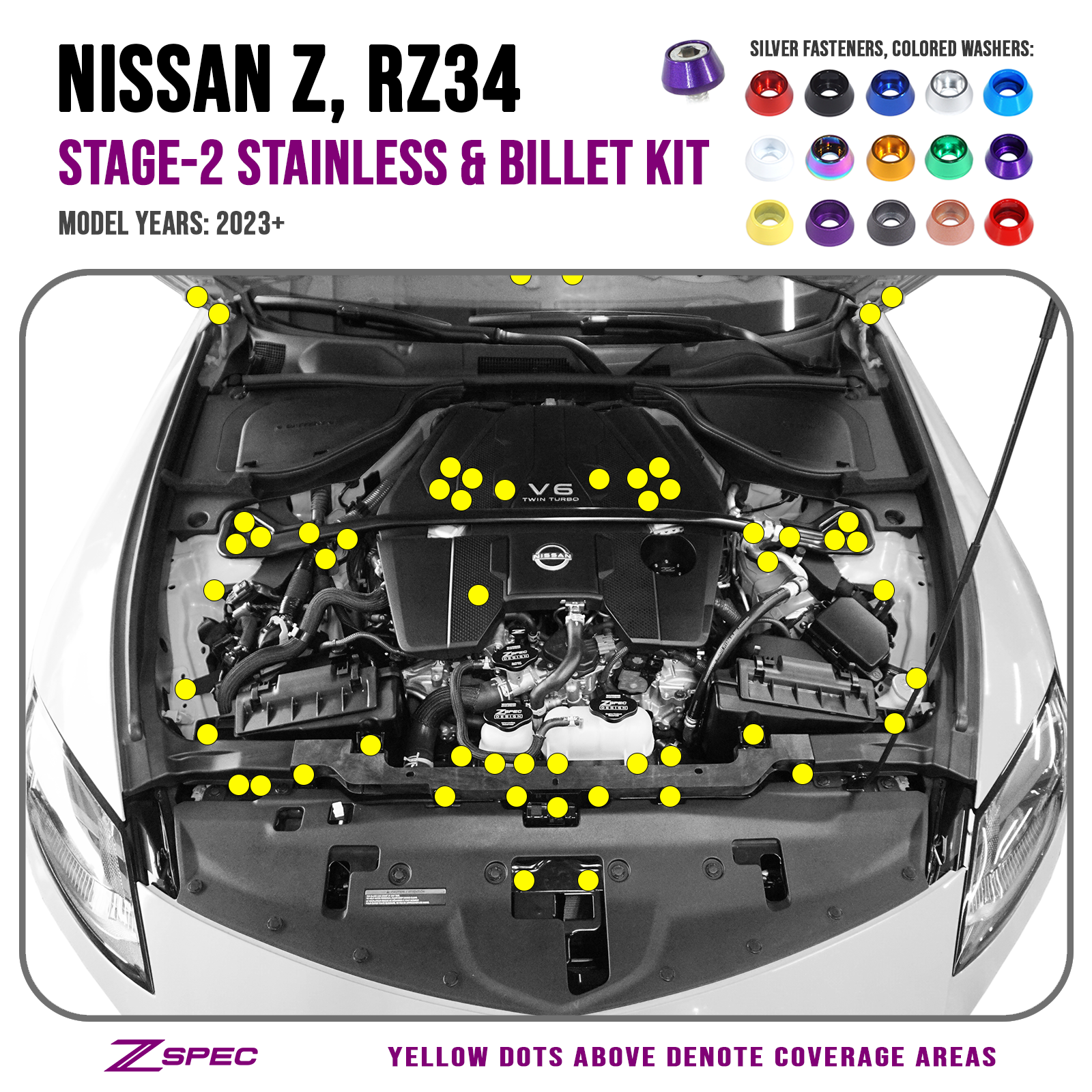 ZSPEC "Stage 2" Dress Up Bolts® Hardware Kit for Nissan Z RZ34, Stainless & Billet - ZSPEC Design LLC - Hardware Fasteners - 400z, Fastener Kit, nissan, nissanz, RZ34, stage 2, titanium - zspecdesign.com