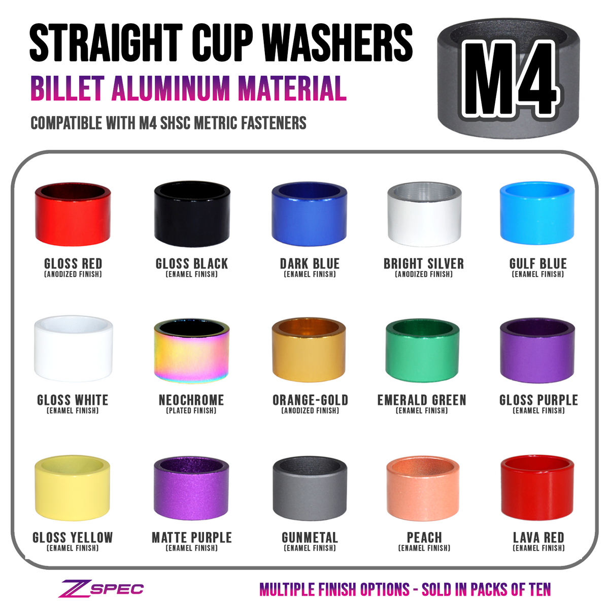 ZSPEC Dress Up Bolts® Hardware M4 Straight Cup Finish Washers, Billet