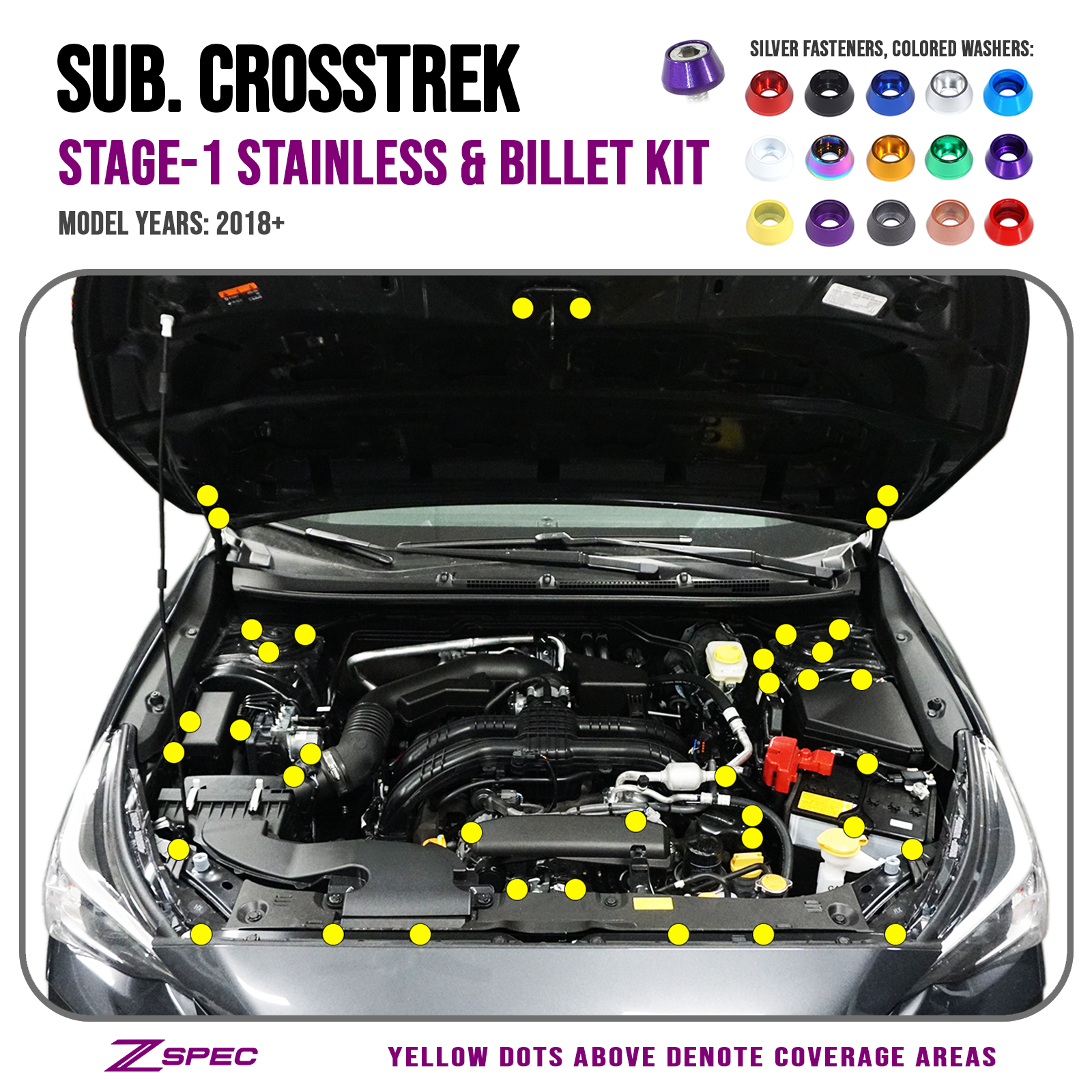 ZSPEC "Stage 1" Dress Up Bolts® Fastener Kit for '18-24 Subaru CrossTrek, Stainless & Billet Hardware - ZSPEC Design LLC - Hardware Fasteners - crosstrek, Fastener Kit, stage 1, subaru, Washer Color - zspecdesign.com