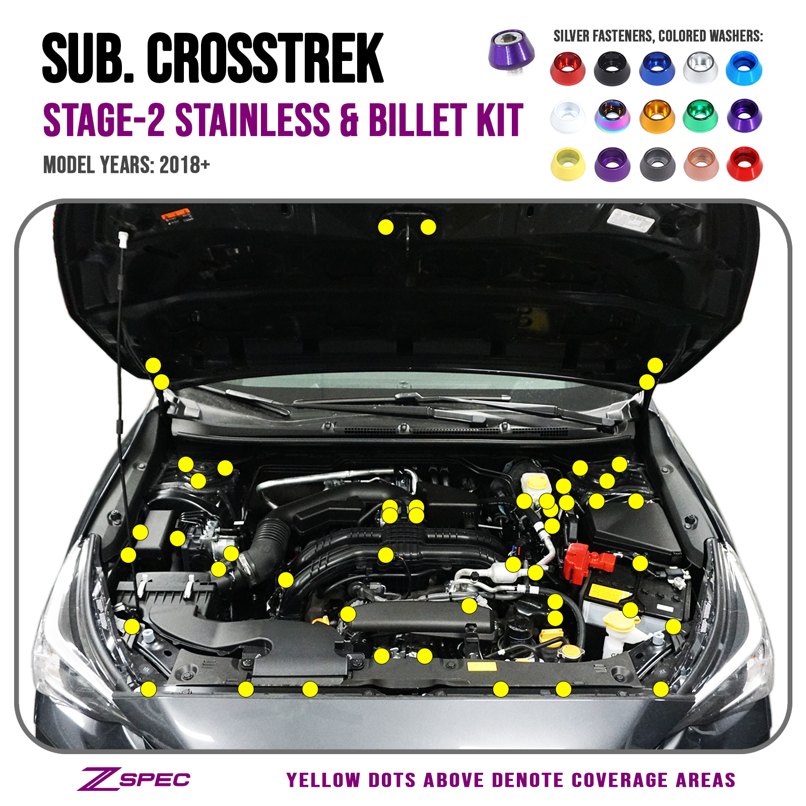 ZSPEC "Stage 2" Dress Up Bolts® Fastener Kit for '18-24 Subaru CrossTrek, Stainless & Billet Hardware - ZSPEC Design LLC - Hardware Fasteners - crosstrek, Fastener Kit, stage 2, subaru, Washer Color - zspecdesign.com