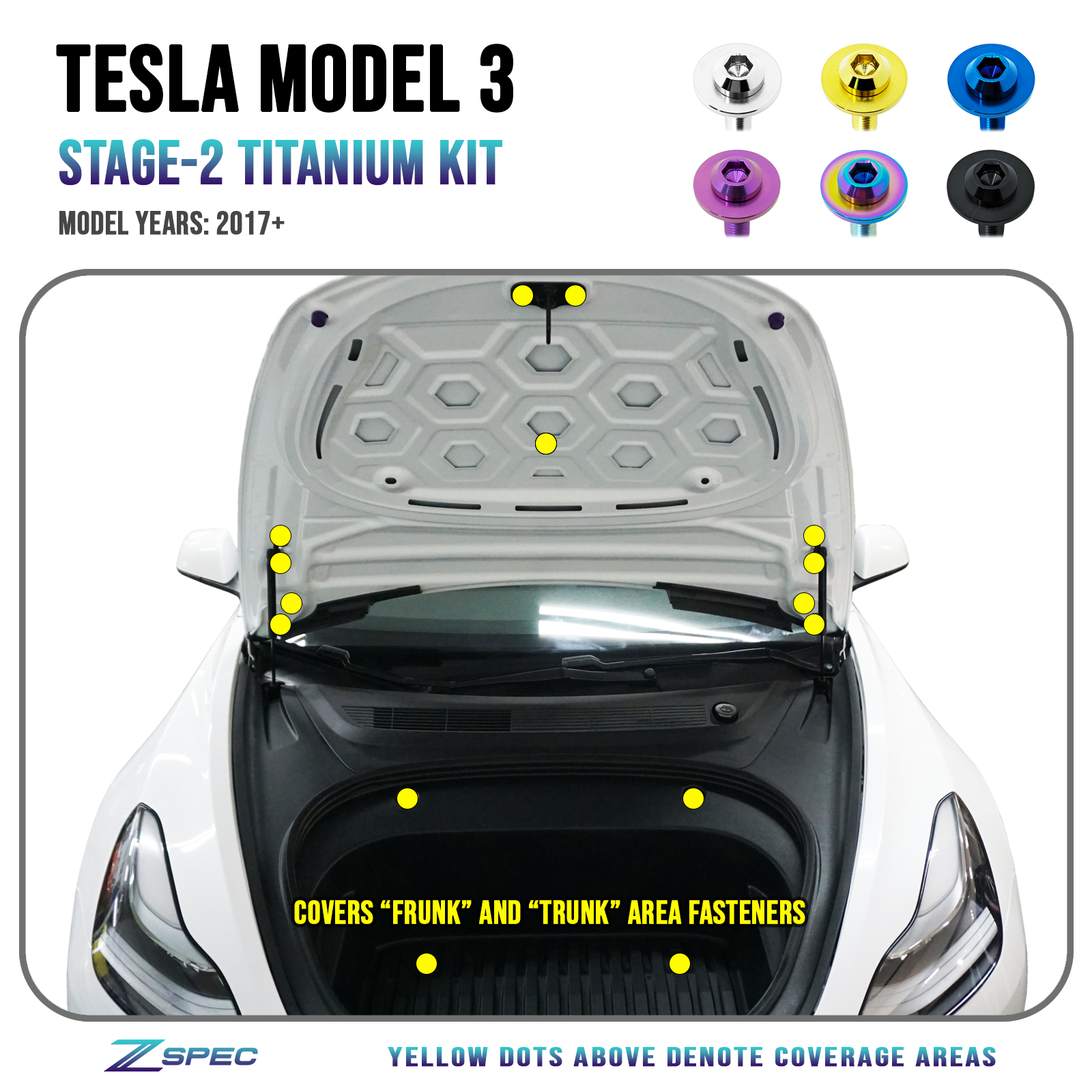 ZSPEC "Stage 2" Dress Up Bolts® Fastener Kit for the Tesla Model 3, Grade-5 Titanium - ZSPEC Design LLC - Hardware Fasteners - Fastener Kit, model 3, model3, stage 2, tesla, Washer Color - zspecdesign.com