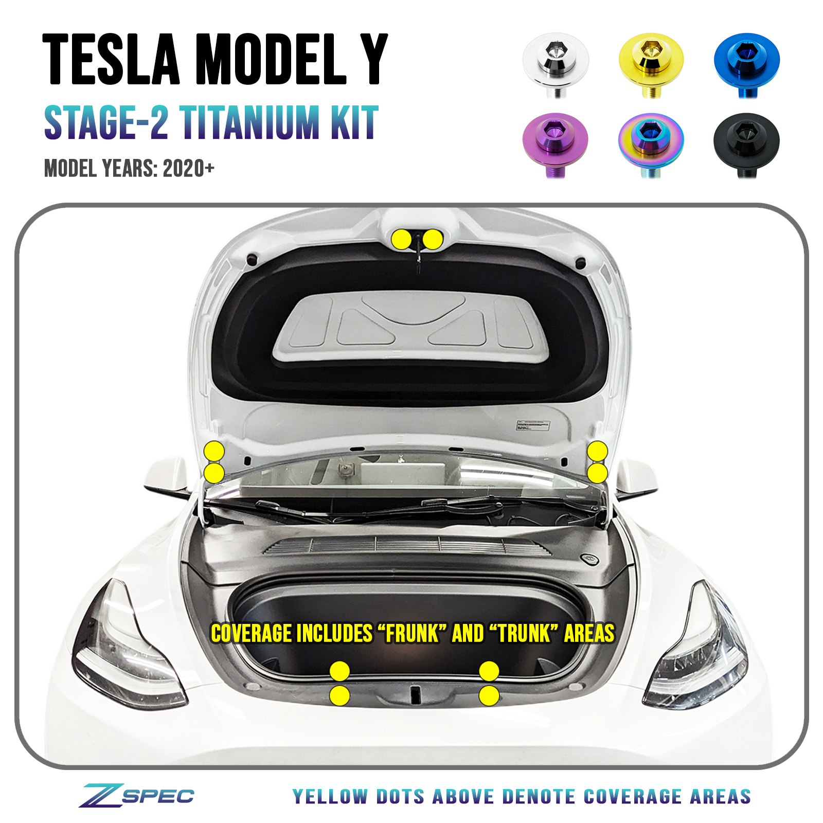 ZSPEC "Stage 2" Dress Up Bolts® Fastener Kit for the Tesla Model Y, Grade-5 Titanium - ZSPEC Design LLC - Hardware Fasteners - Fastener Kit, model 3, model3, stage 2, tesla, Washer Color - zspecdesign.com