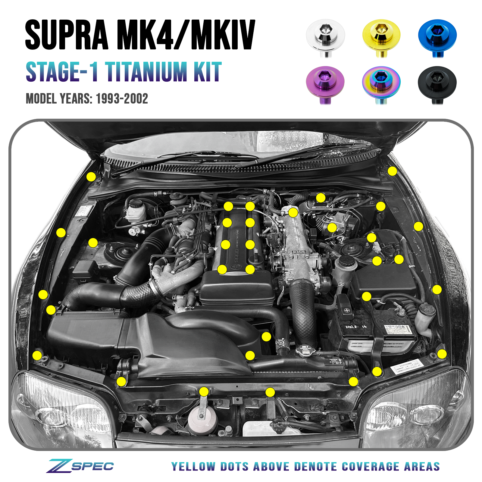 ZSPEC "Stage 1" Dress Up Bolts® Fastener Kit for '93-02 Toyota Supra MKIV, Titanium - ZSPEC Design LLC - Hardware Fasteners - 2jz, Fastener Kit, mkiv, stage 1, supra, toyota - zspecdesign.com