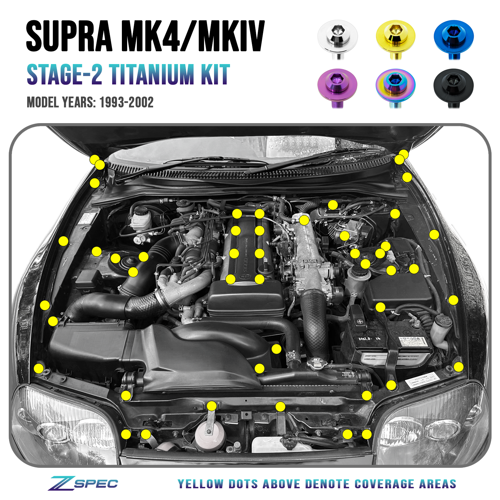 ZSPEC "Stage 2" Dress Up Bolts® Fastener Kit for '93-02 Toyota Supra MKIV, Titanium - ZSPEC Design LLC - Hardware Fasteners - 2jz, Fastener Kit, mkiv, stage 2, supra, toyota - zspecdesign.com