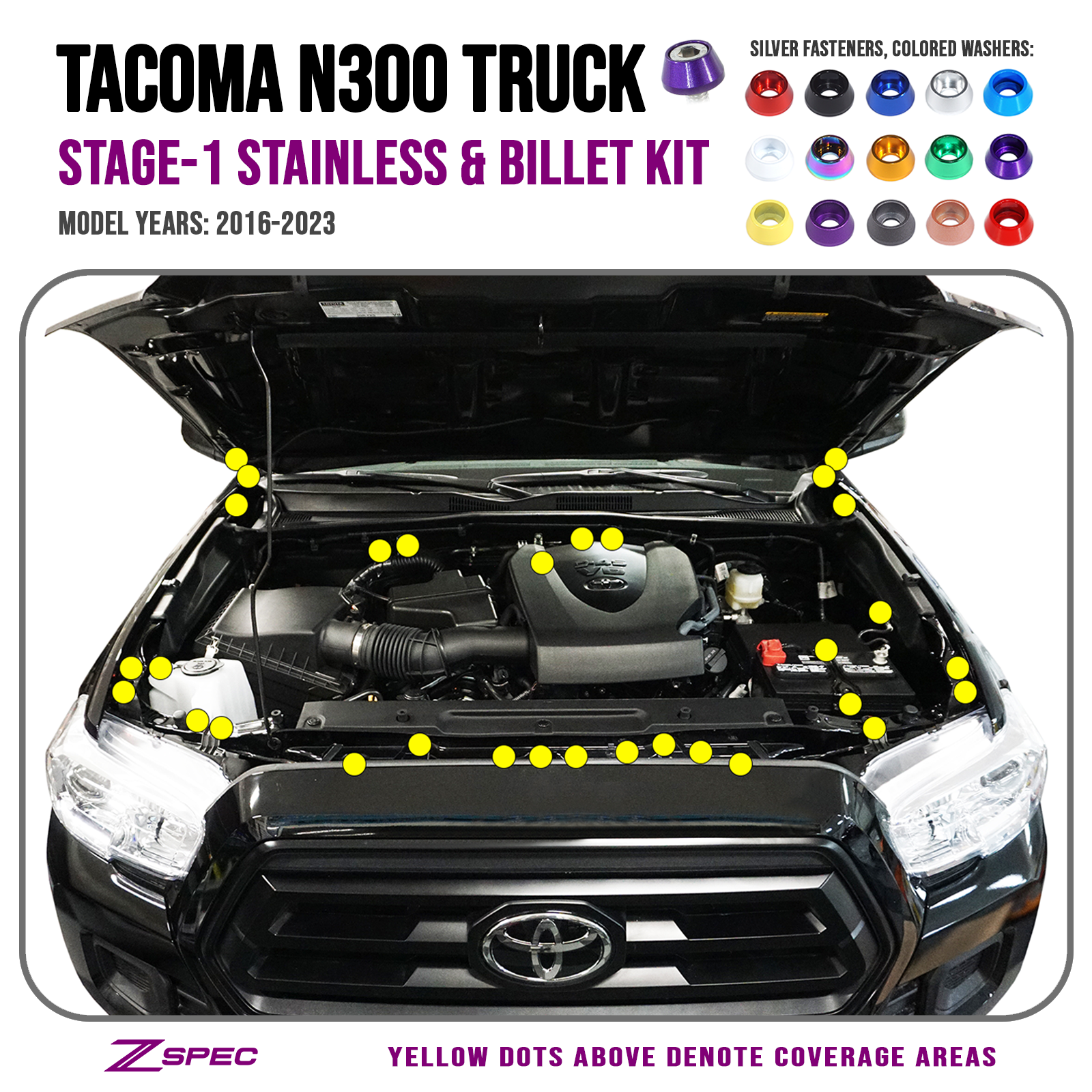 ZSPEC "Stage 1" Dress Up Bolts® Fastener Kit for '16-23 Toyota Tacoma N300, Stainless & Billet - ZSPEC Design LLC - Hardware Fasteners - Fastener Kit, n300, stage 1, tacoma, toyota - zspecdesign.com