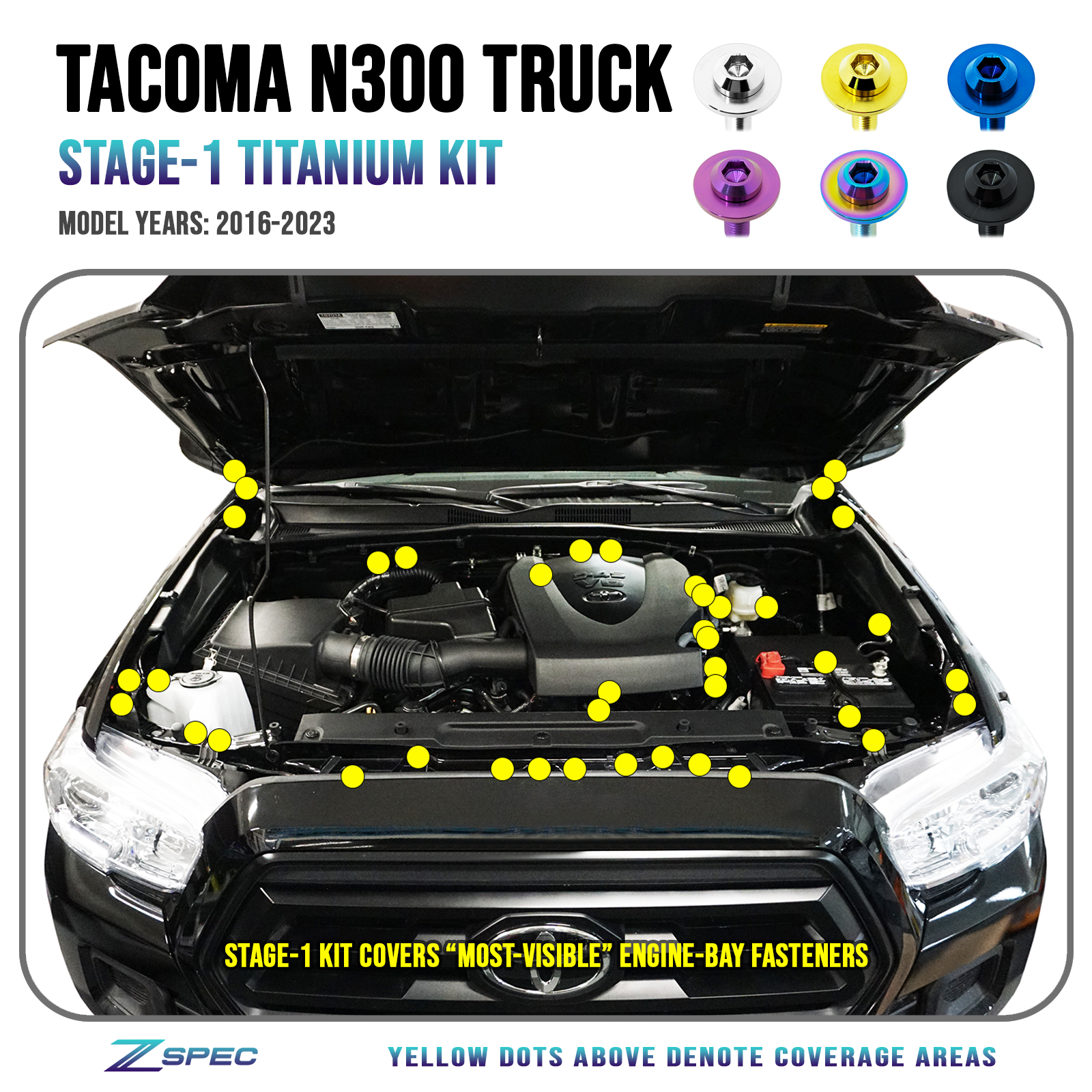 ZSPEC "Stage 1" Dress Up Bolts® Fastener Kit for '16-23 Toyota Tacoma N300, Titanium - ZSPEC Design LLC - Hardware Fasteners - Fastener Kit, n300, stage 1, tacoma, toyota - zspecdesign.com