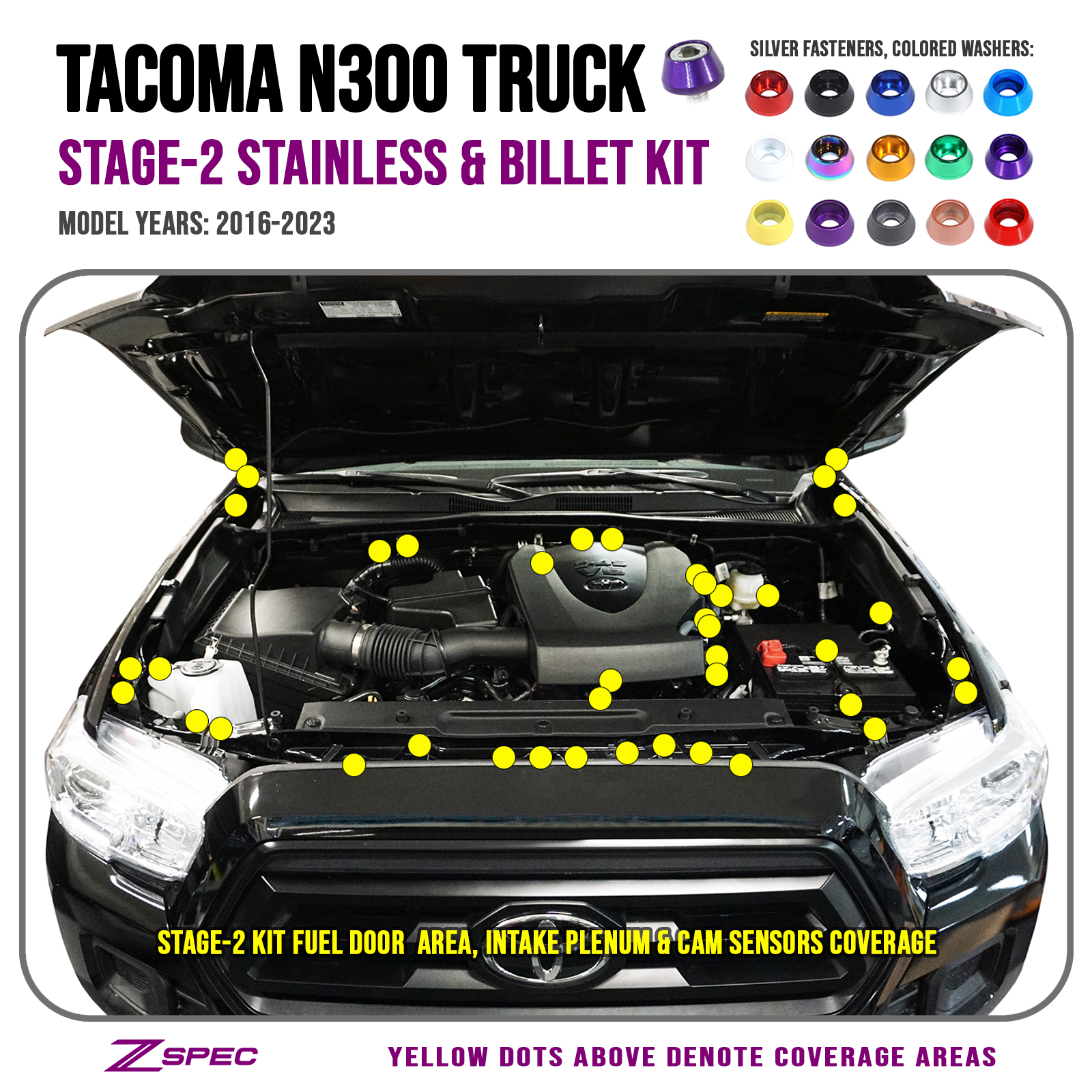 ZSPEC "Stage 2" Dress Up Bolts® Fastener Kit for '16-23 Toyota Tacoma N300, Stainless & Billet - ZSPEC Design LLC - Hardware Fasteners - Fastener Kit, n300, stage 2, tacoma, toyota - zspecdesign.com