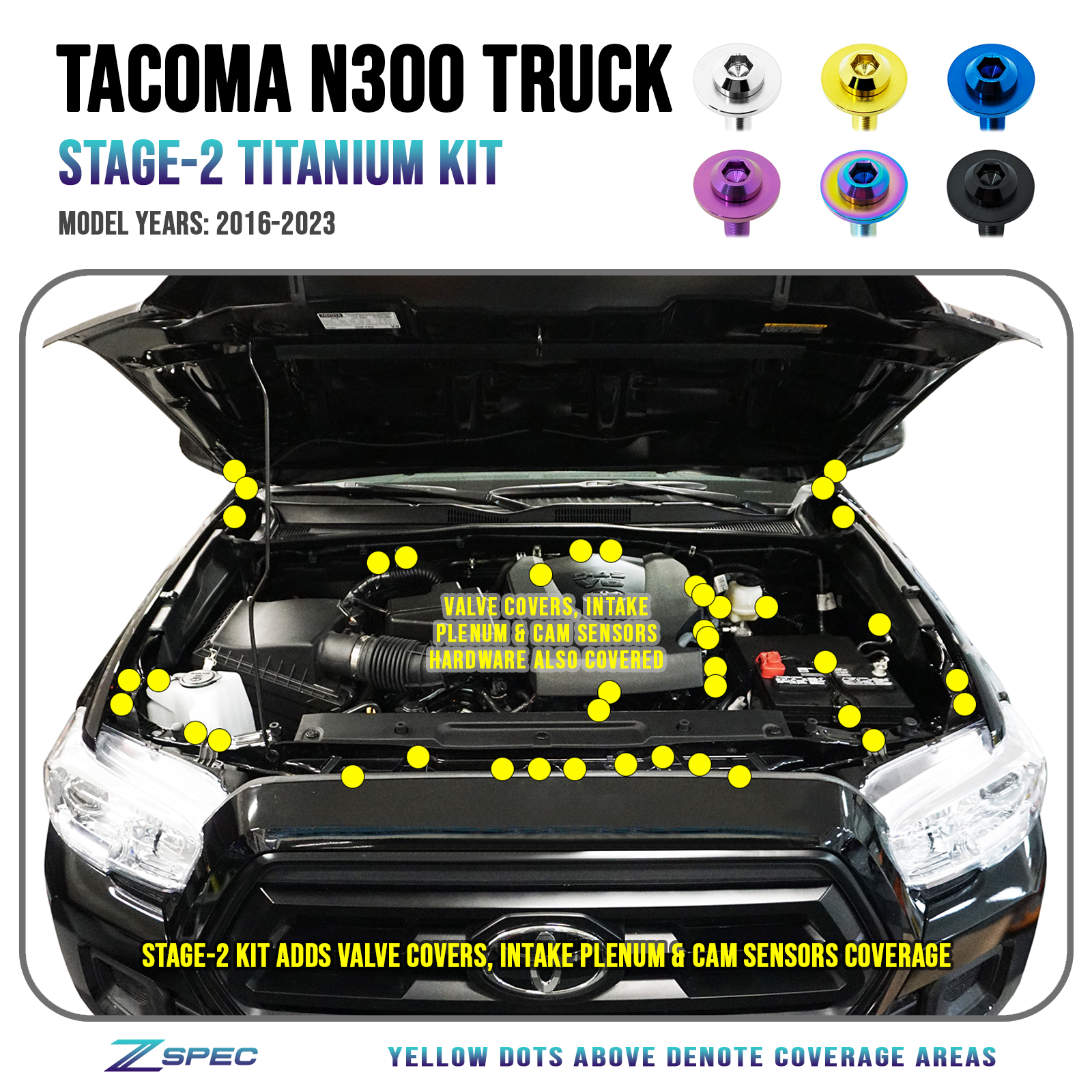 ZSPEC Stage-2 Dress Up Bolts® Fastener Kit for '16-23 Toyota Tacoma N300, Titanium - ZSPEC Design LLC - Hardware Fasteners - Fastener Kit, n300, stage 1, tacoma, toyota - zspecdesign.com