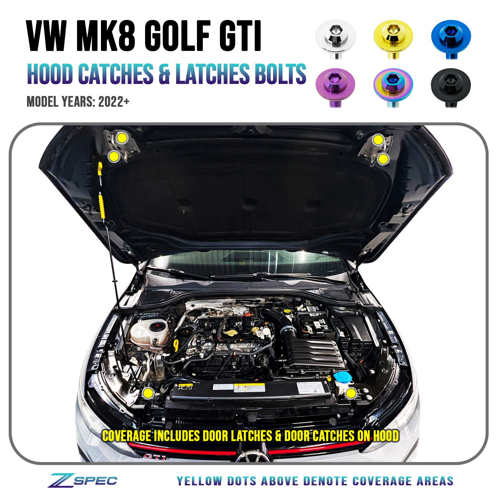 ZSPEC Staged Dress Up Fastener Kit for '22+ VW MK8 Golf GTi, Grade-5 Titanium

Grade-5 Titanium Hardware - Dress Up Bolts, Nuts and Washers from ZSPEC Design