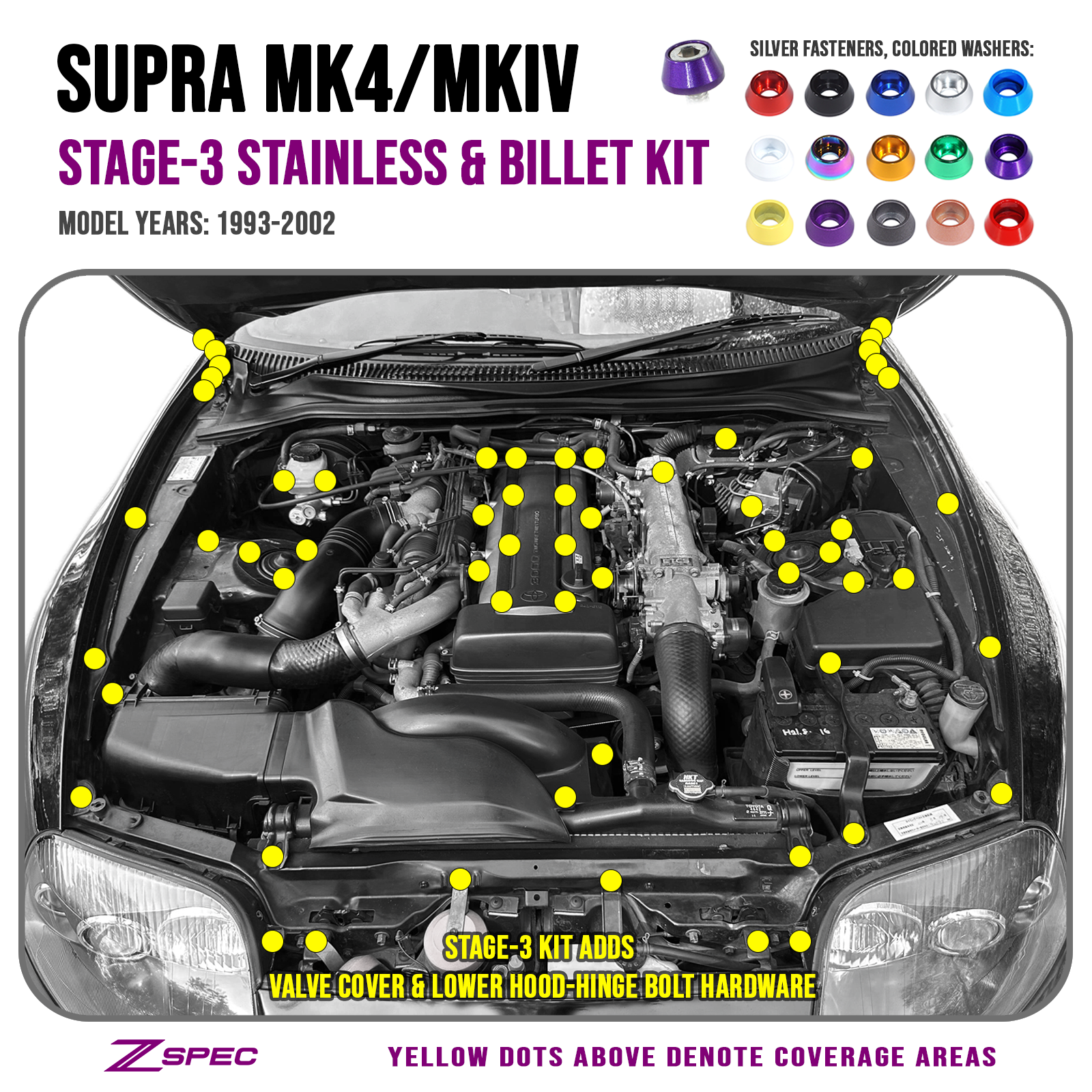 ZSPEC "Stage 3" Dress Up Bolts® Fastener Kit for '93-02 Toyota Supra MKIV, Stainless & Billet - ZSPEC Design LLC - Hardware Fasteners - 2jz, Fastener Kit, mkiv, stage 3, supra, toyota - zspecdesign.com