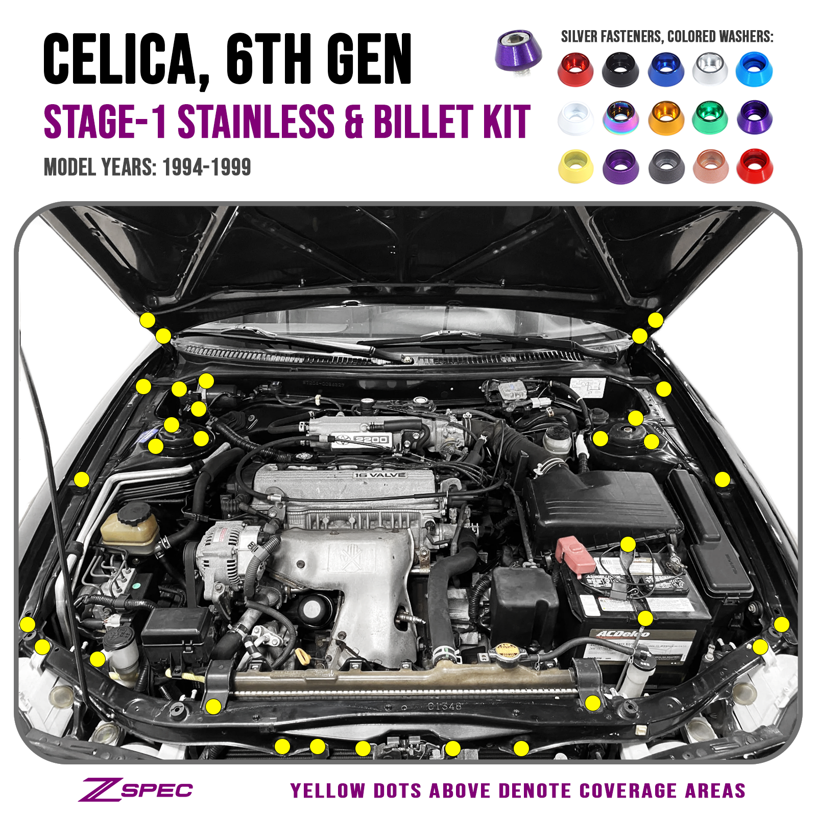ZSPEC "Stage 1" Dress Up Bolts® Fastener Kit for '94-99 Toyota Celica, Stainless & Billet - ZSPEC Design LLC - Hardware Fasteners - celica, Fastener Kit, stage 1, toyota - zspecdesign.com